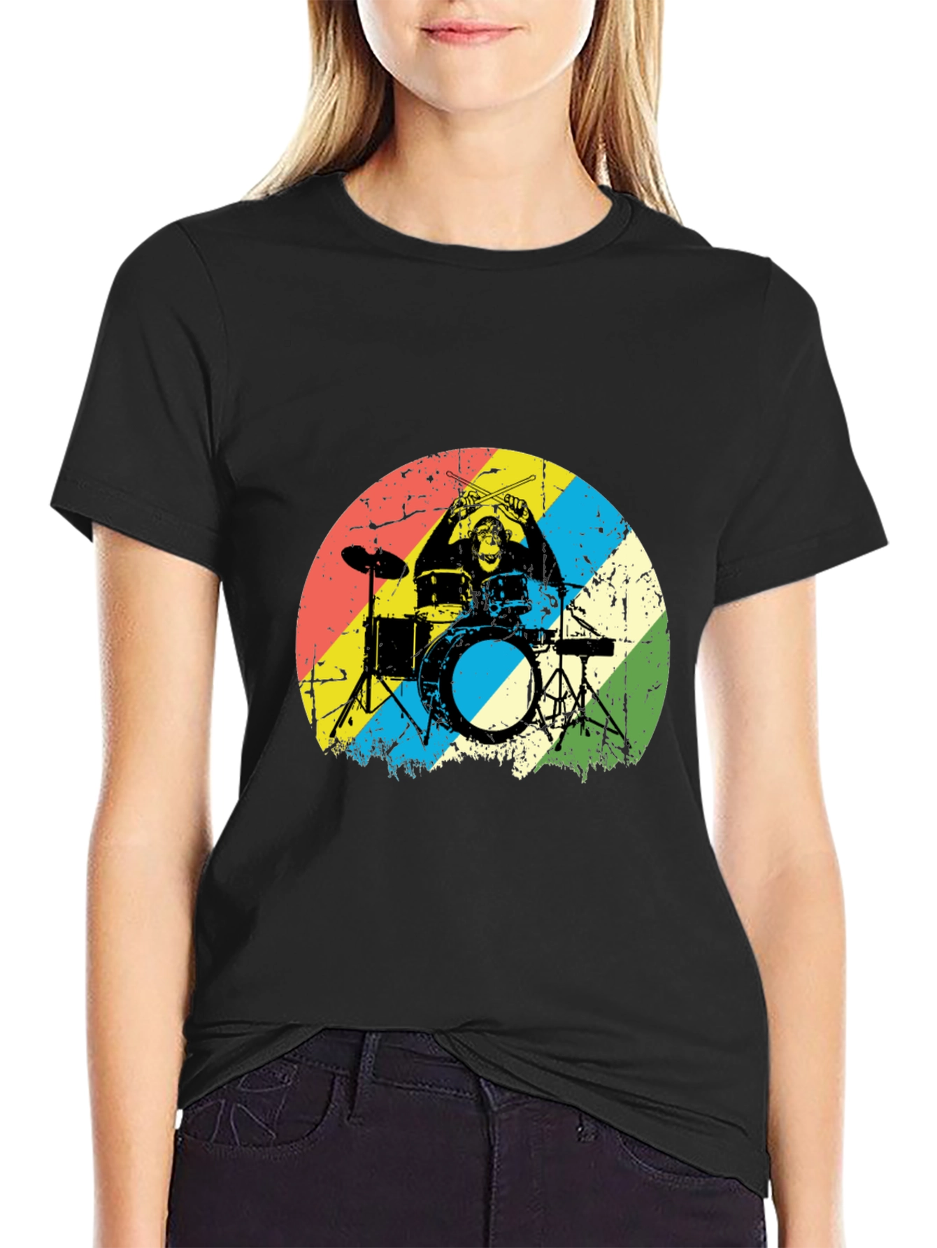 Black Monkey Drummer Graphic Tee - Retro Style Black T-Shirt view 2