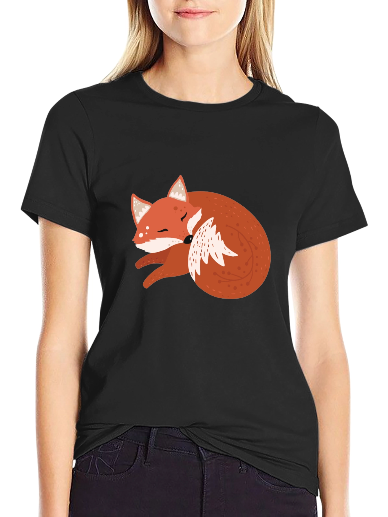 Black Cute Fox Graphic Tee - Soft Black Cotton T-Shirt view 2