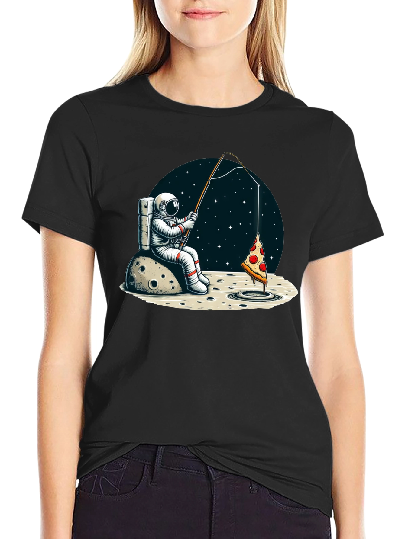 Black Astronaut Fishing for Pizza T-Shirt view 2