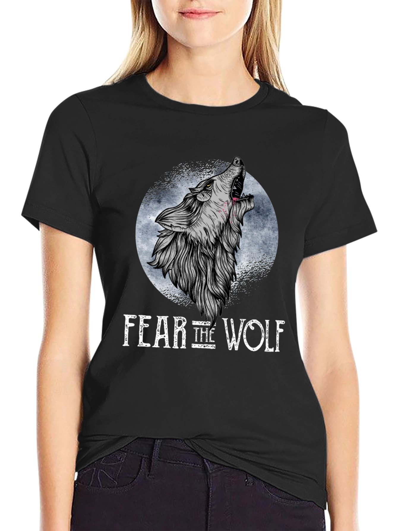Black Fear the Wolf Graphic T-Shirt - Black Wolf Design view 2