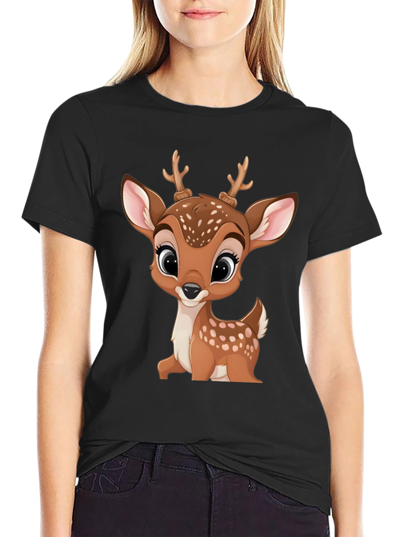Black Cute Cartoon Deer Graphic T-Shirt view 2