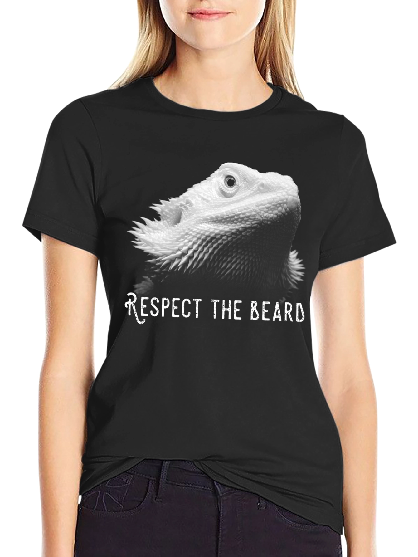 Black Respect the Beard Bearded Dragon Lizard T-Shirt view 2