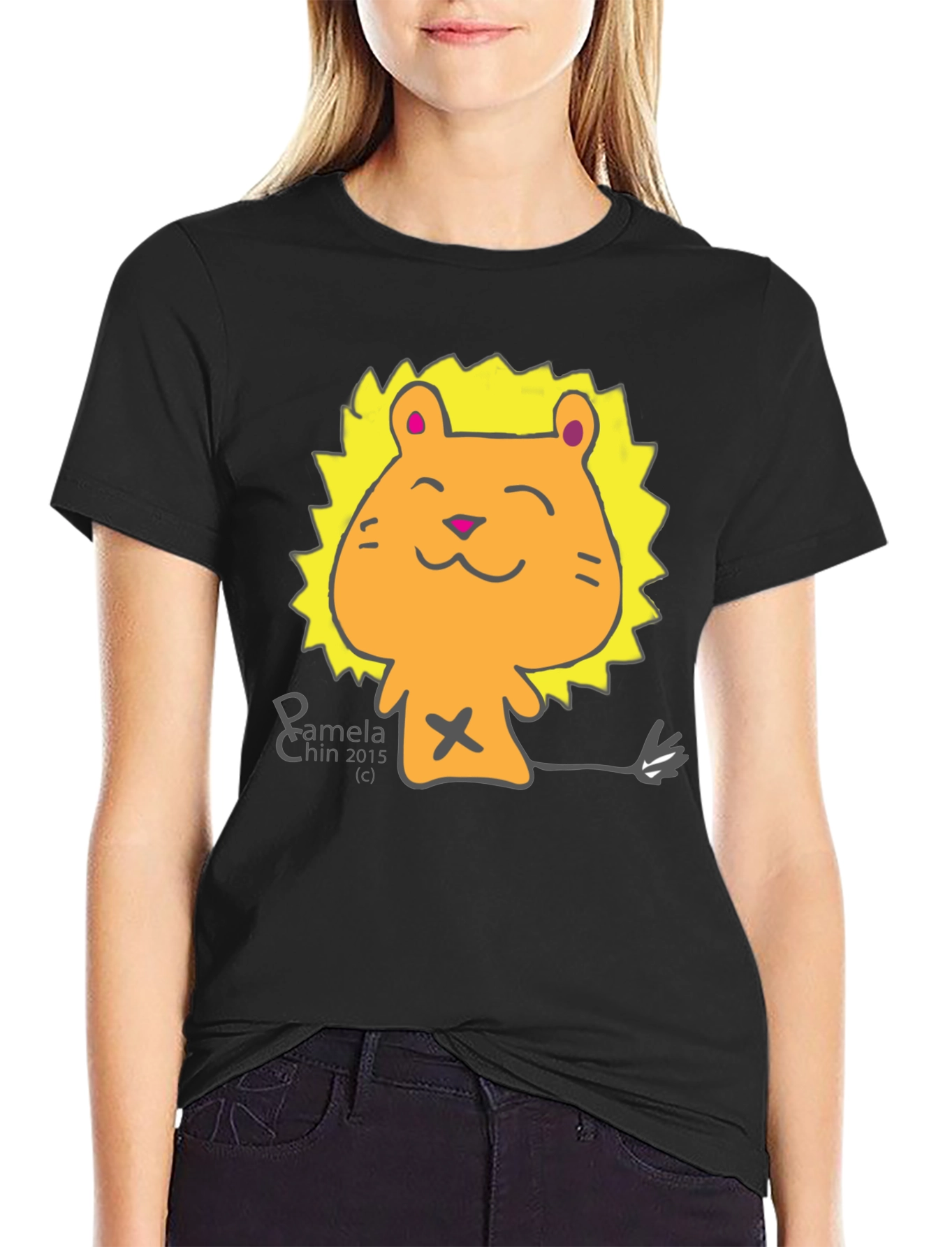 Black Cute Lion Cartoon Black T-Shirt view 2