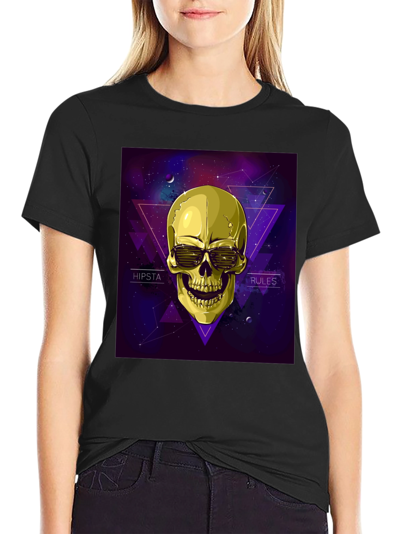 Black Hipster Skull Graphic Tee - Black view 2