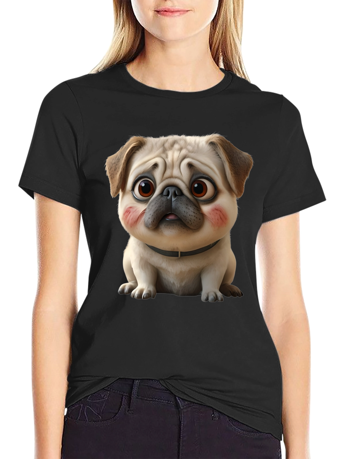 Black Cute Cartoon Pug Dog Black T-Shirt view 2