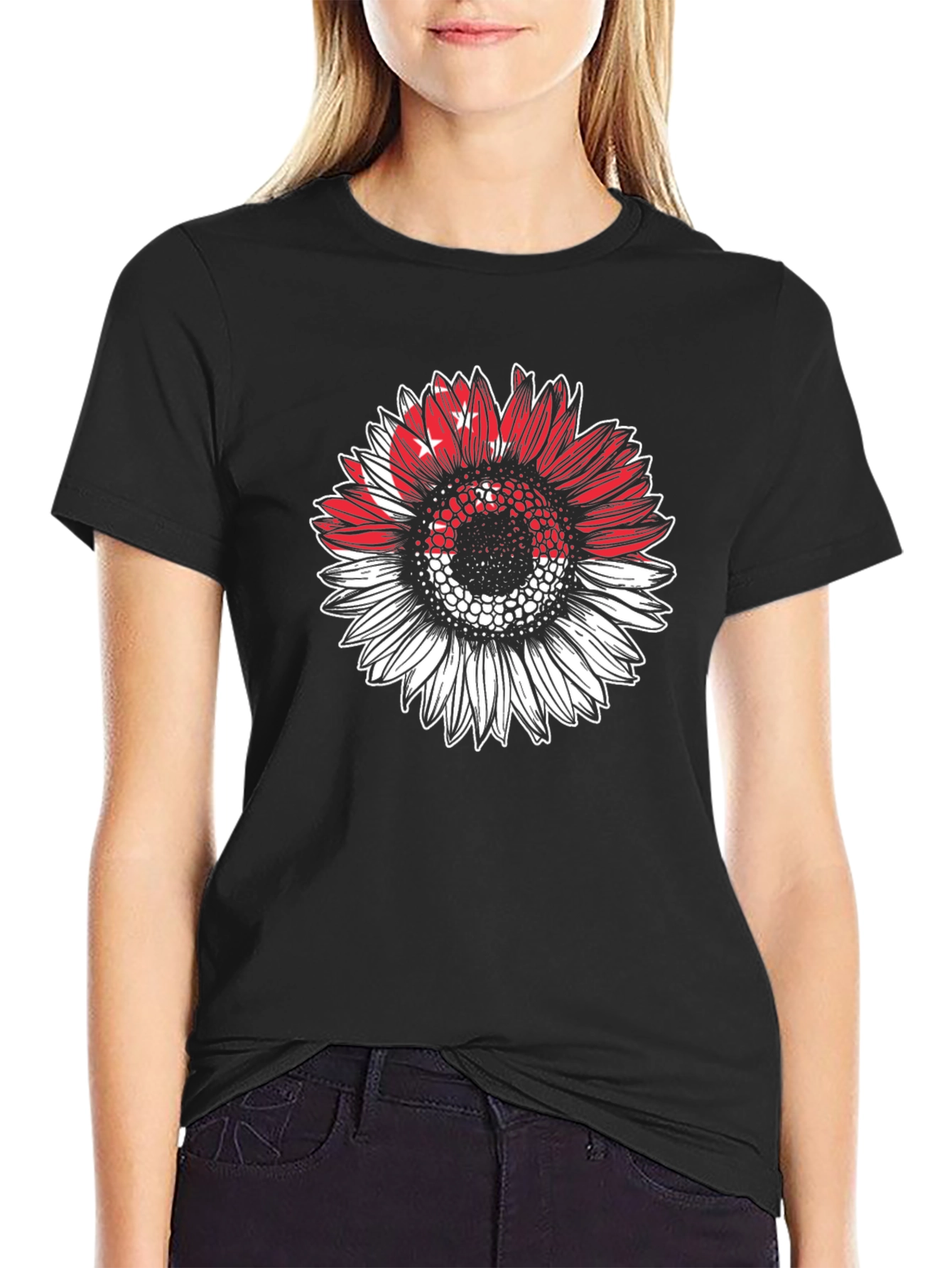 Black Sunflower Singapore Flag T-Shirt view 2