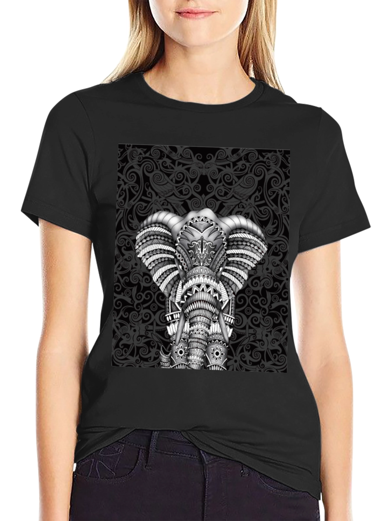 Black Elephant Graphic Tee - Black Crew Neck Shirt view 2