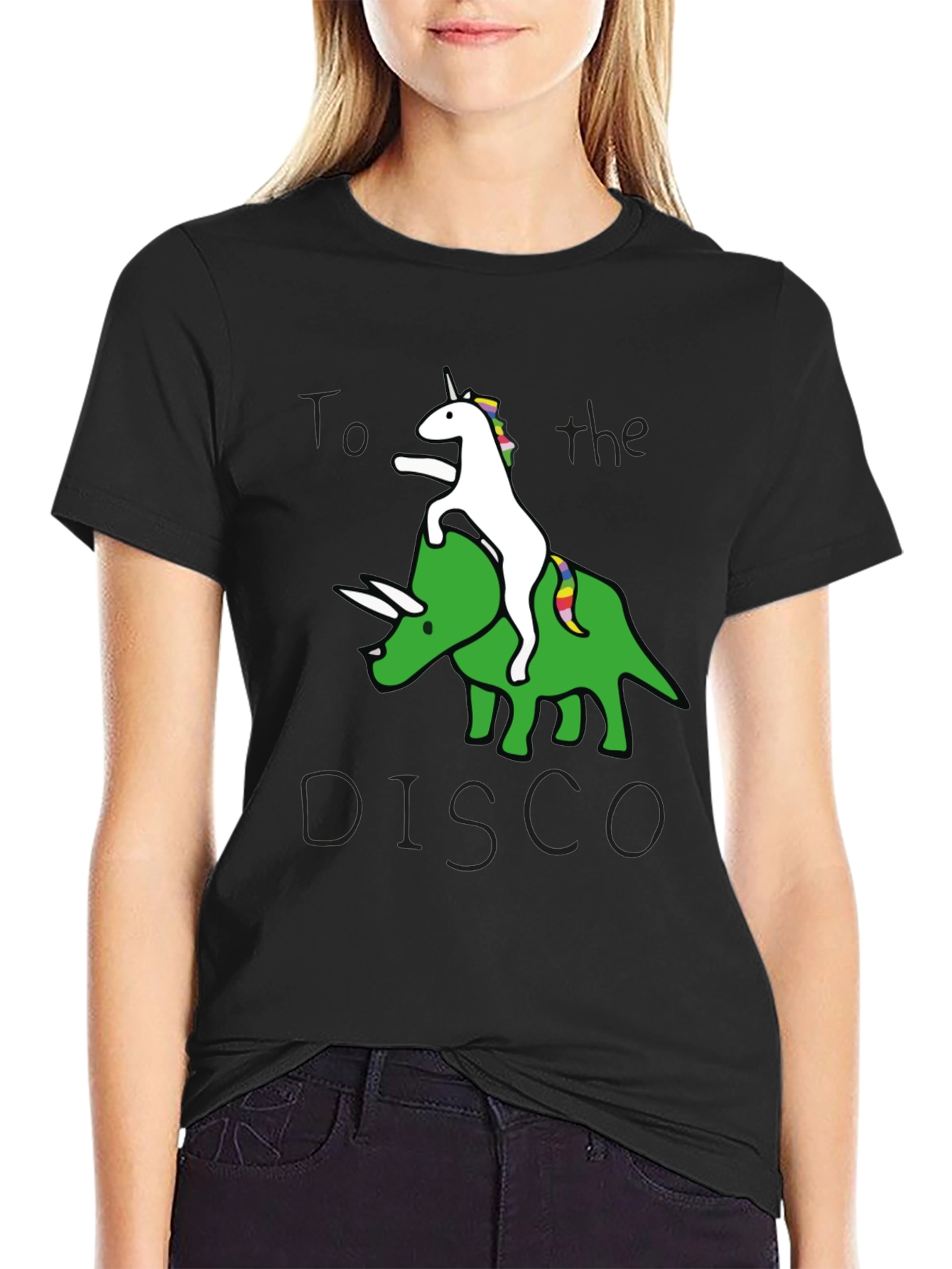 Black Unicorn Riding Triceratops to the Disco Graphic Tee view 2