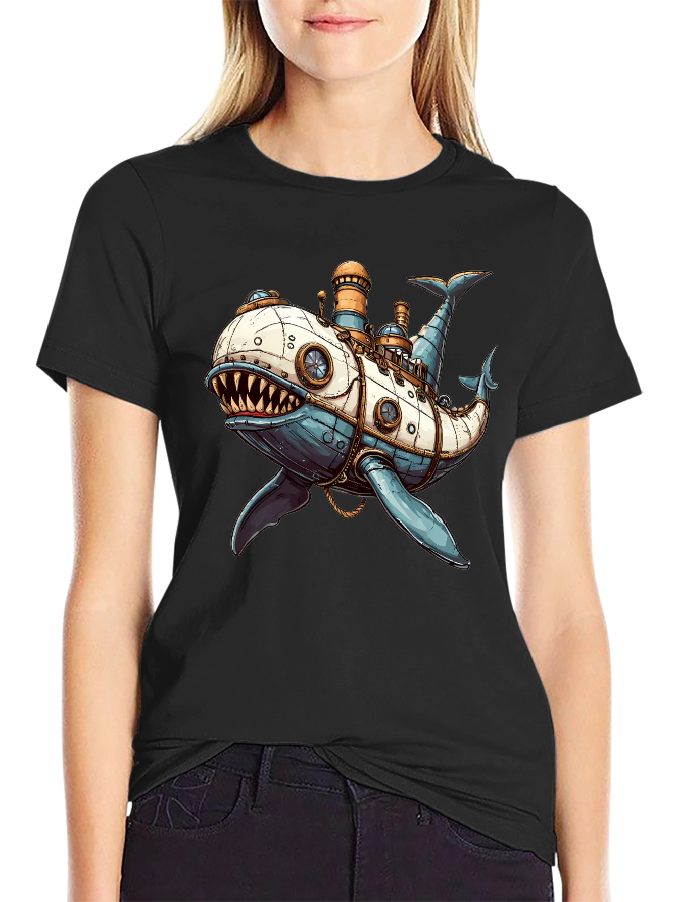 Black Steampunk Whale T-Shirt - Unique Design view 2