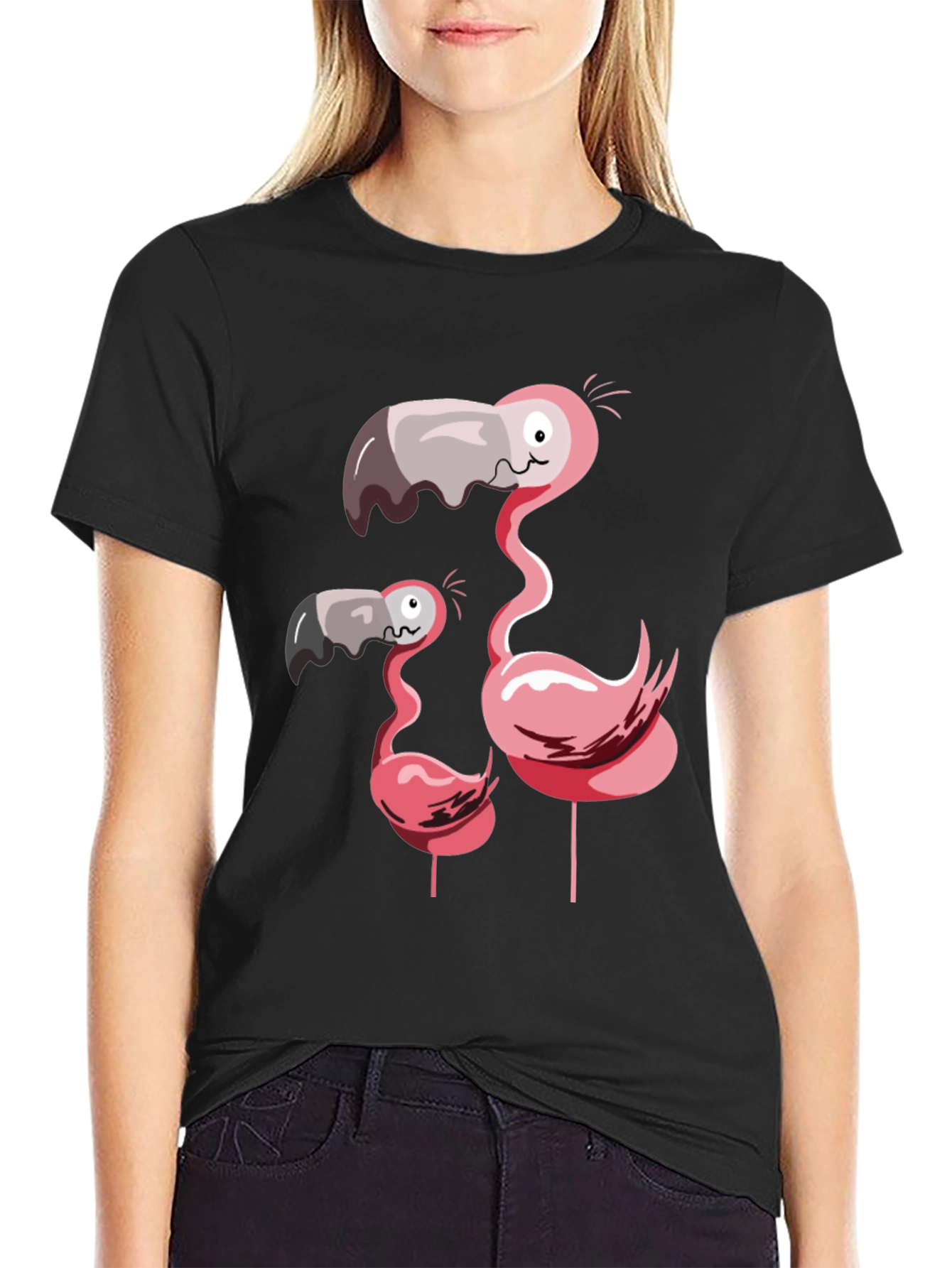 Black Funny Flamingo Family Graphic T-Shirt view 2