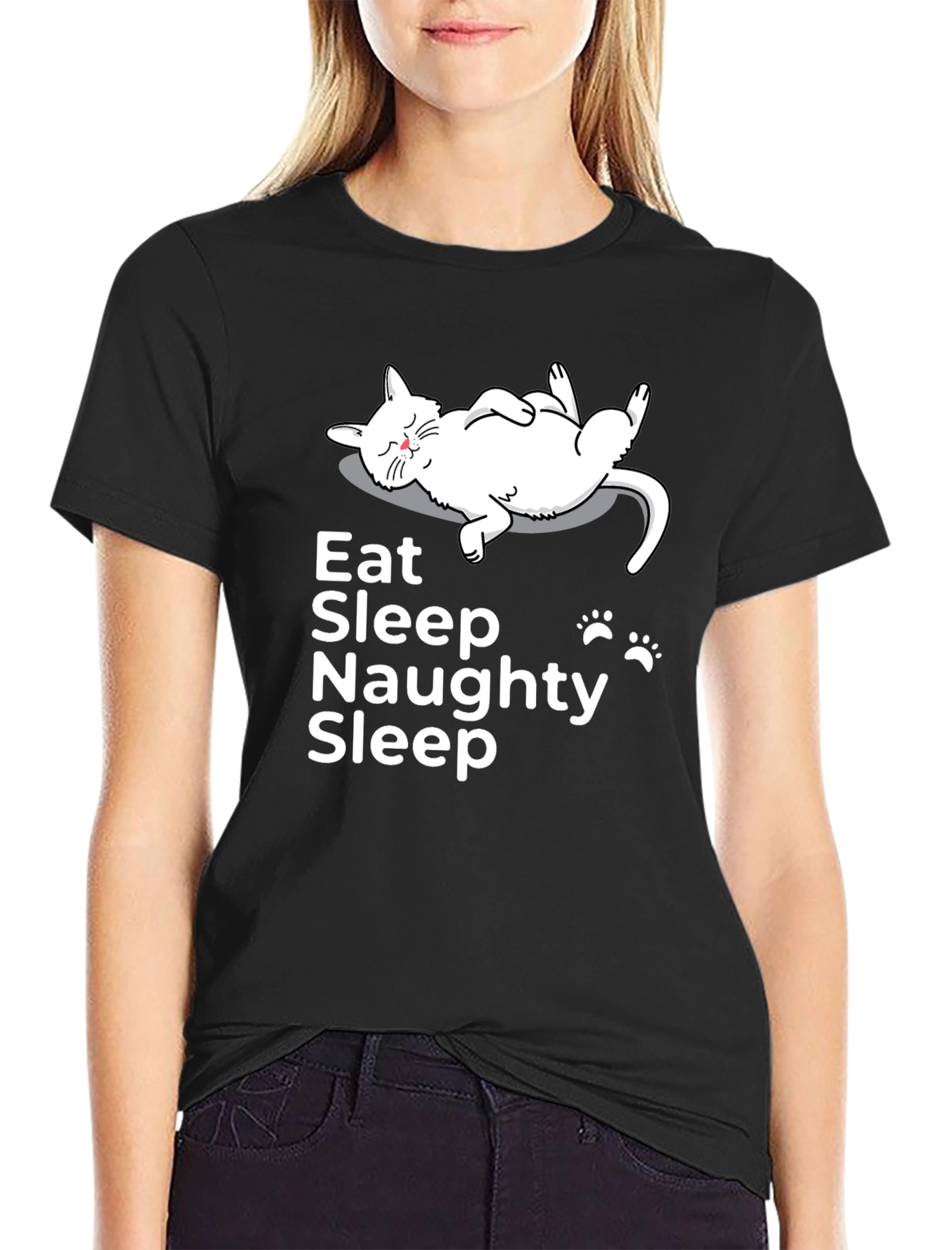 Black Eat Sleep Naughty Sleep Cat Graphic Tee view 2