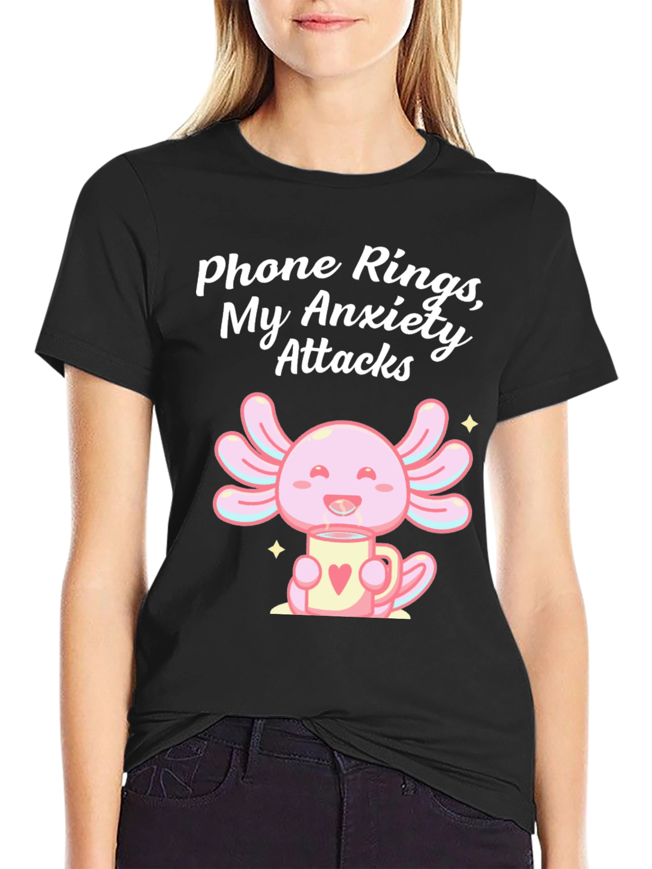 Black Anxiety Axolotl T-Shirt - Phone Rings, My Anxiety Attacks view 2