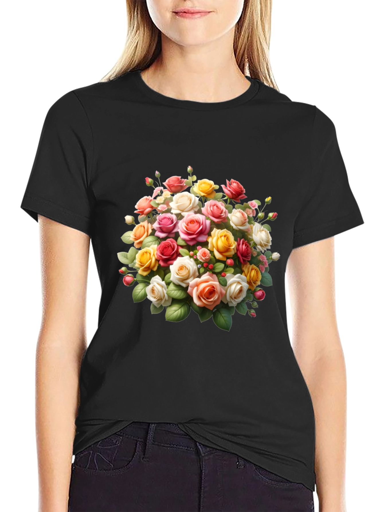 Black Floral Roses Graphic Black T-Shirt view 2