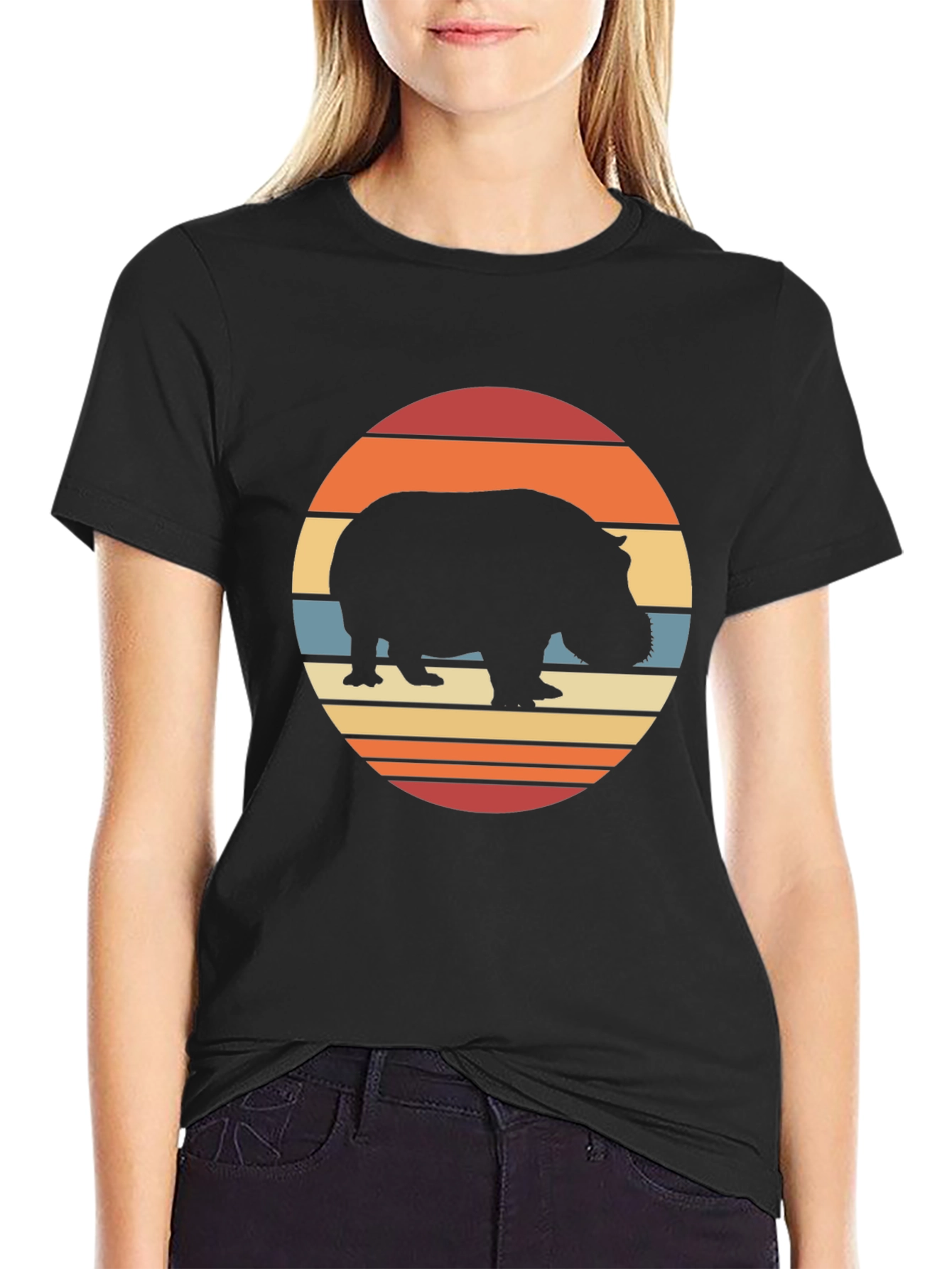 Black Retro Hippo Sunset T-Shirt - Black view 2