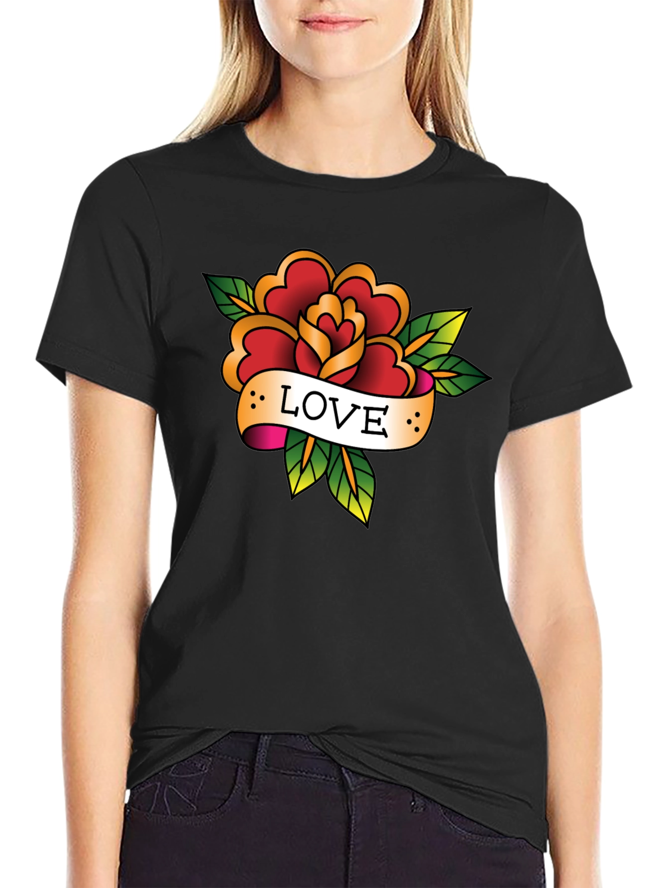 Black Love Rose Tattoo Style Black Graphic Tee view 2
