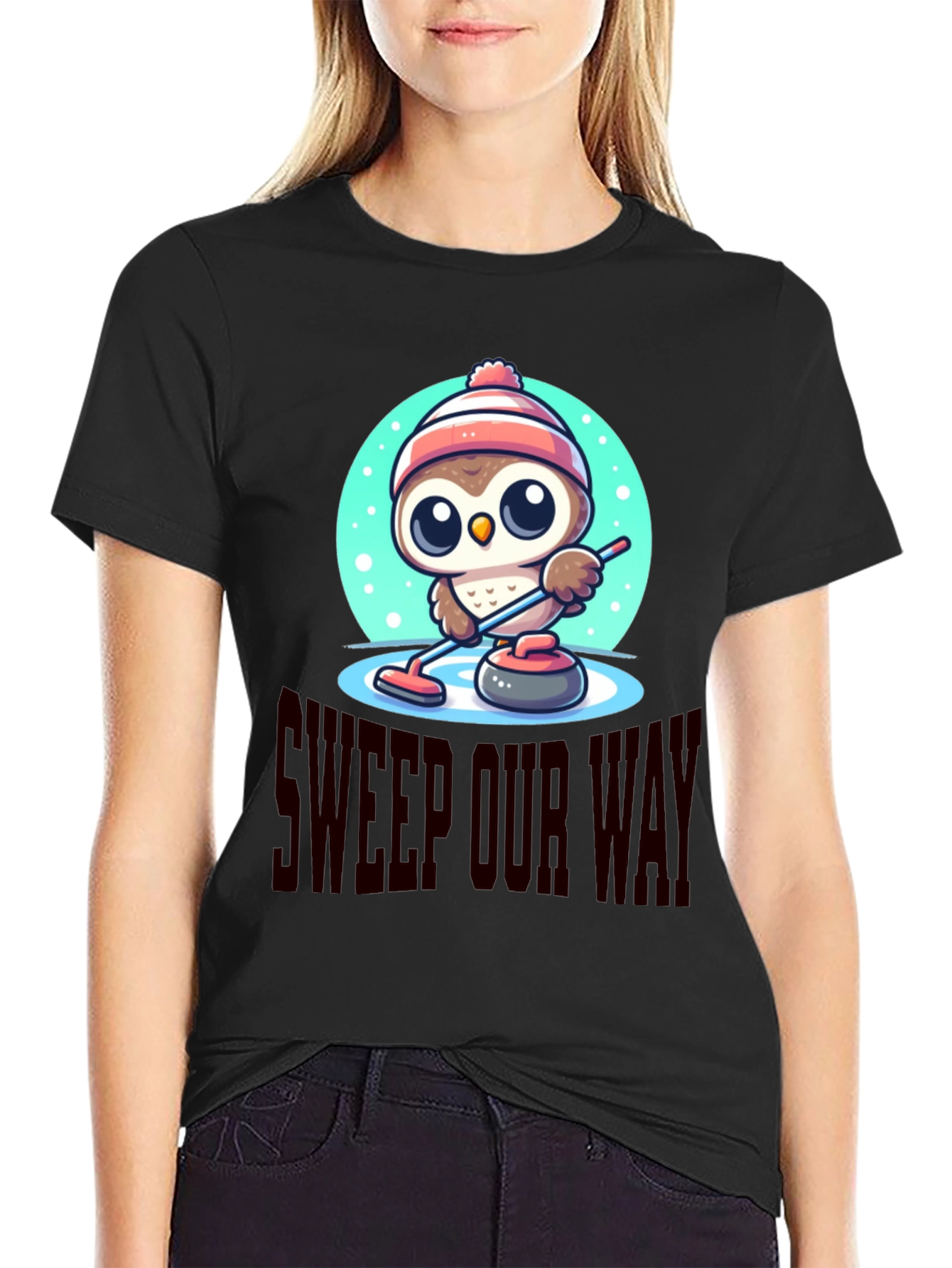 Black Cute Cartoon Owl Curling T-Shirt view 2