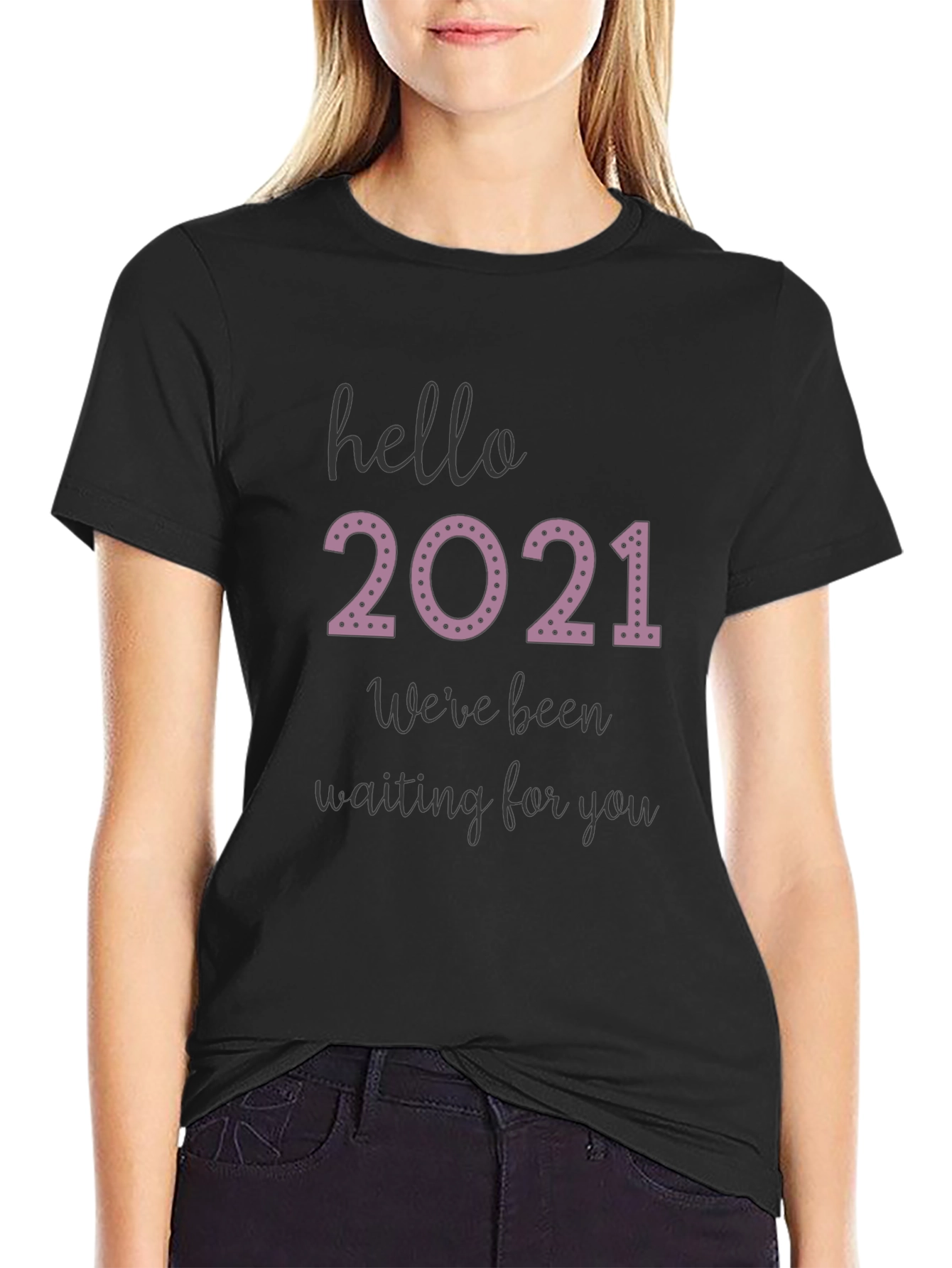 Black Hello 2021 Tee - Comfy Black Graphic T-Shirt view 2