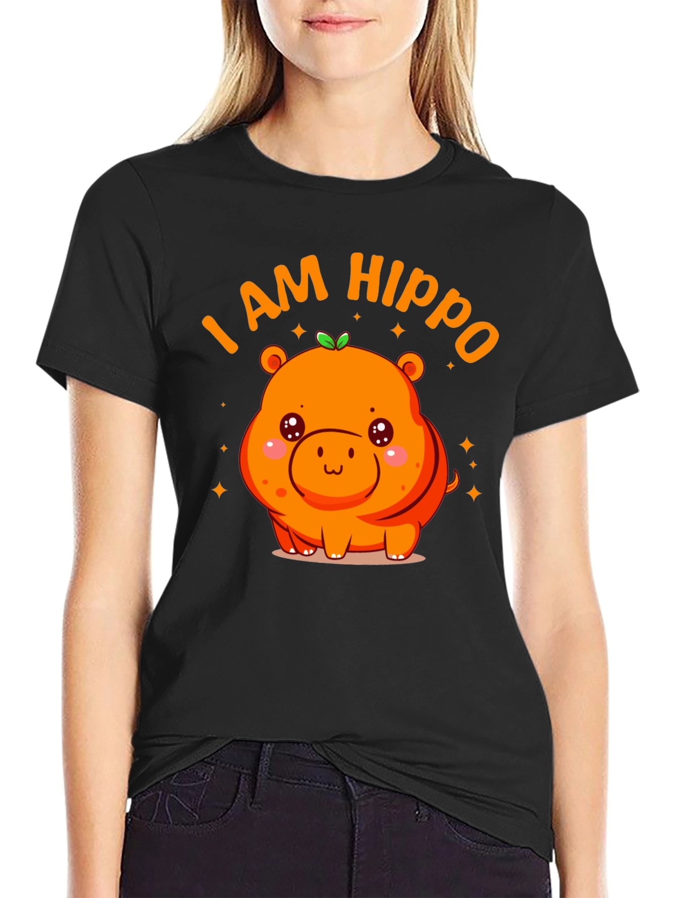 Black Cute "I AM HIPPO" Graphic Black T-Shirt view 2