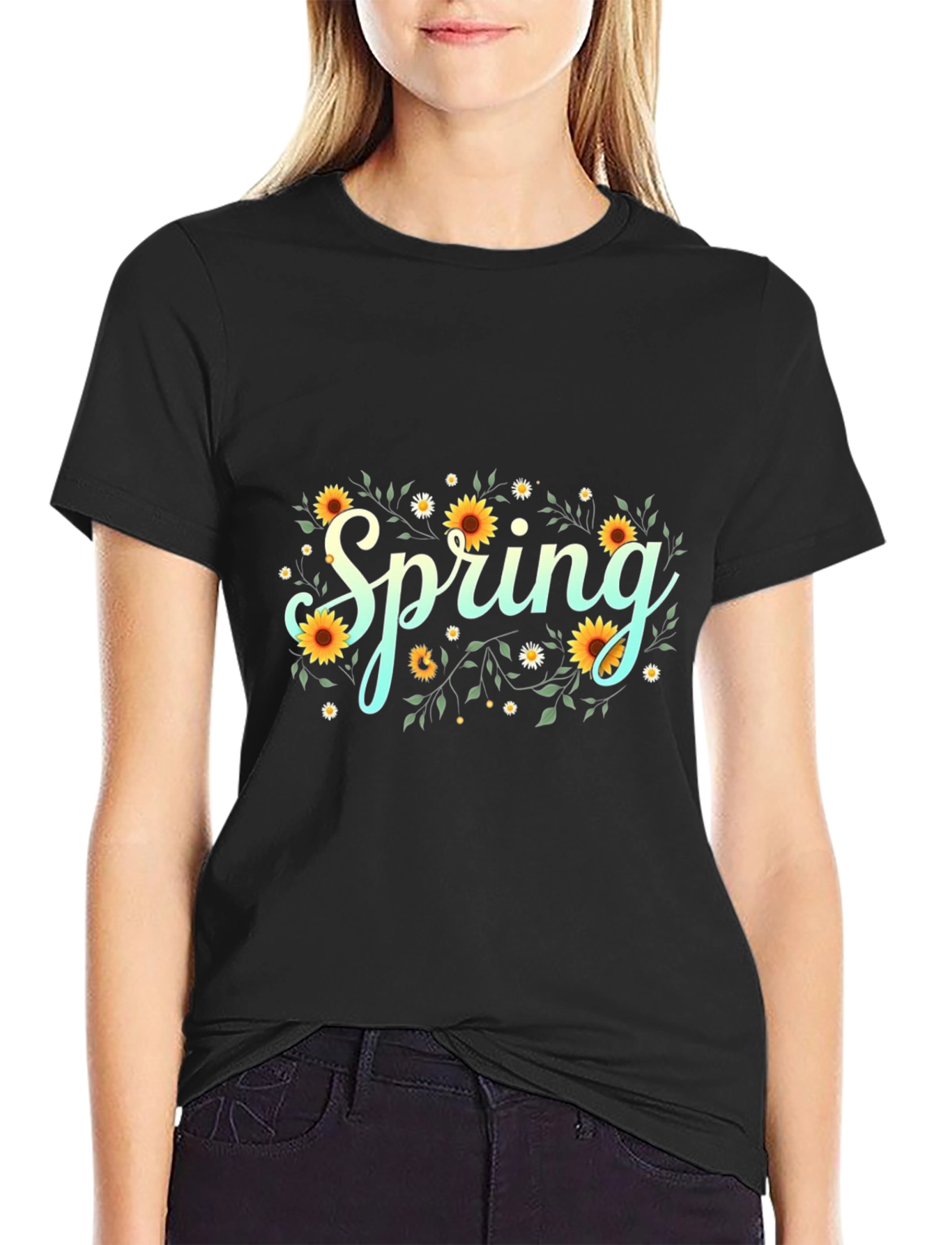 Black Spring Floral Graphic Black T-Shirt view 2