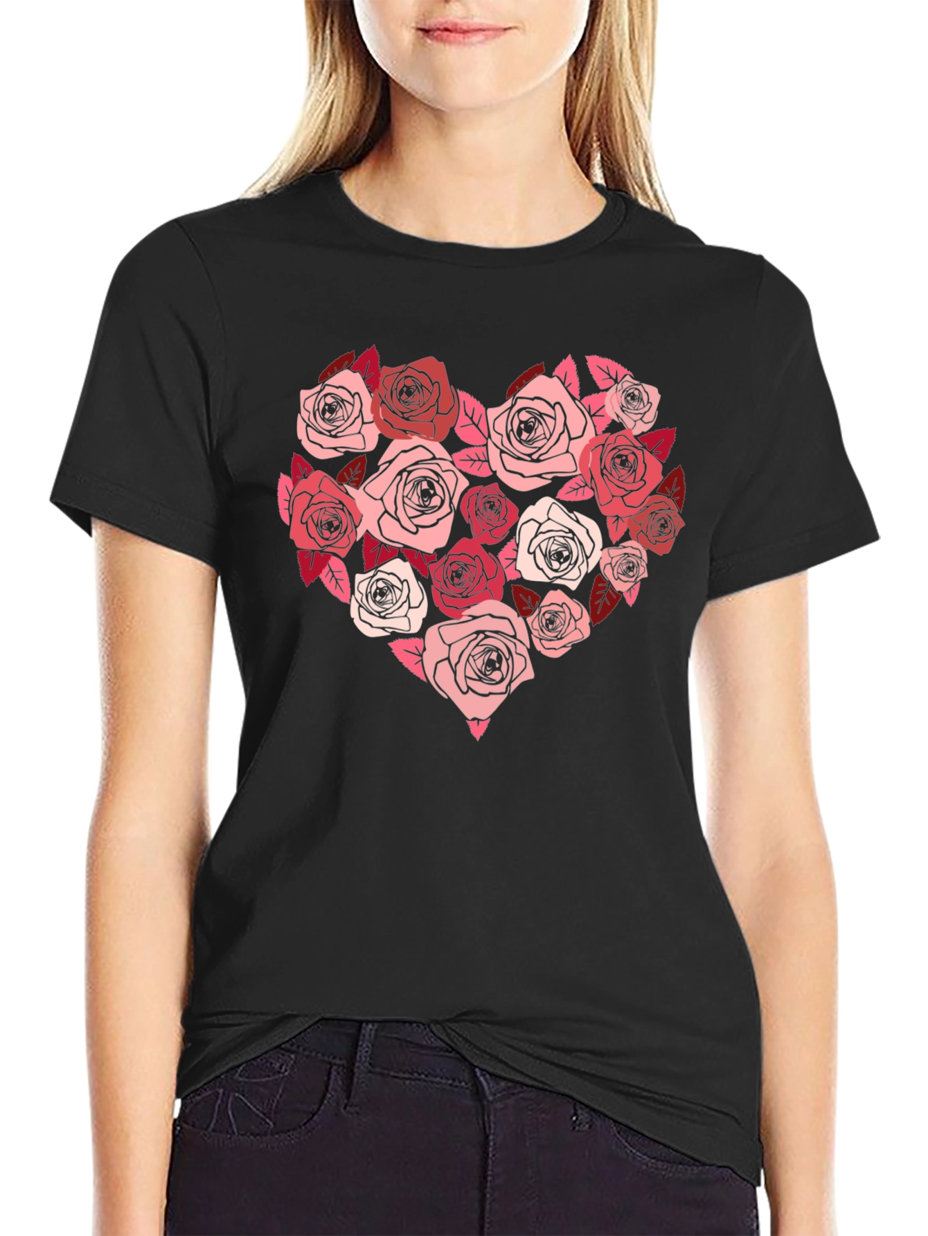 Black Floral Heart Graphic Tee - Black Casual T-Shirt view 2