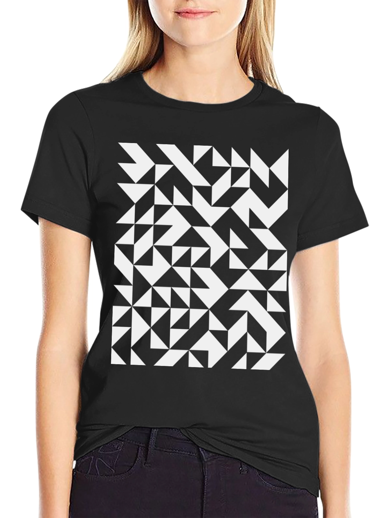 Black Geometric Triangle Pattern Black T-Shirt view 2