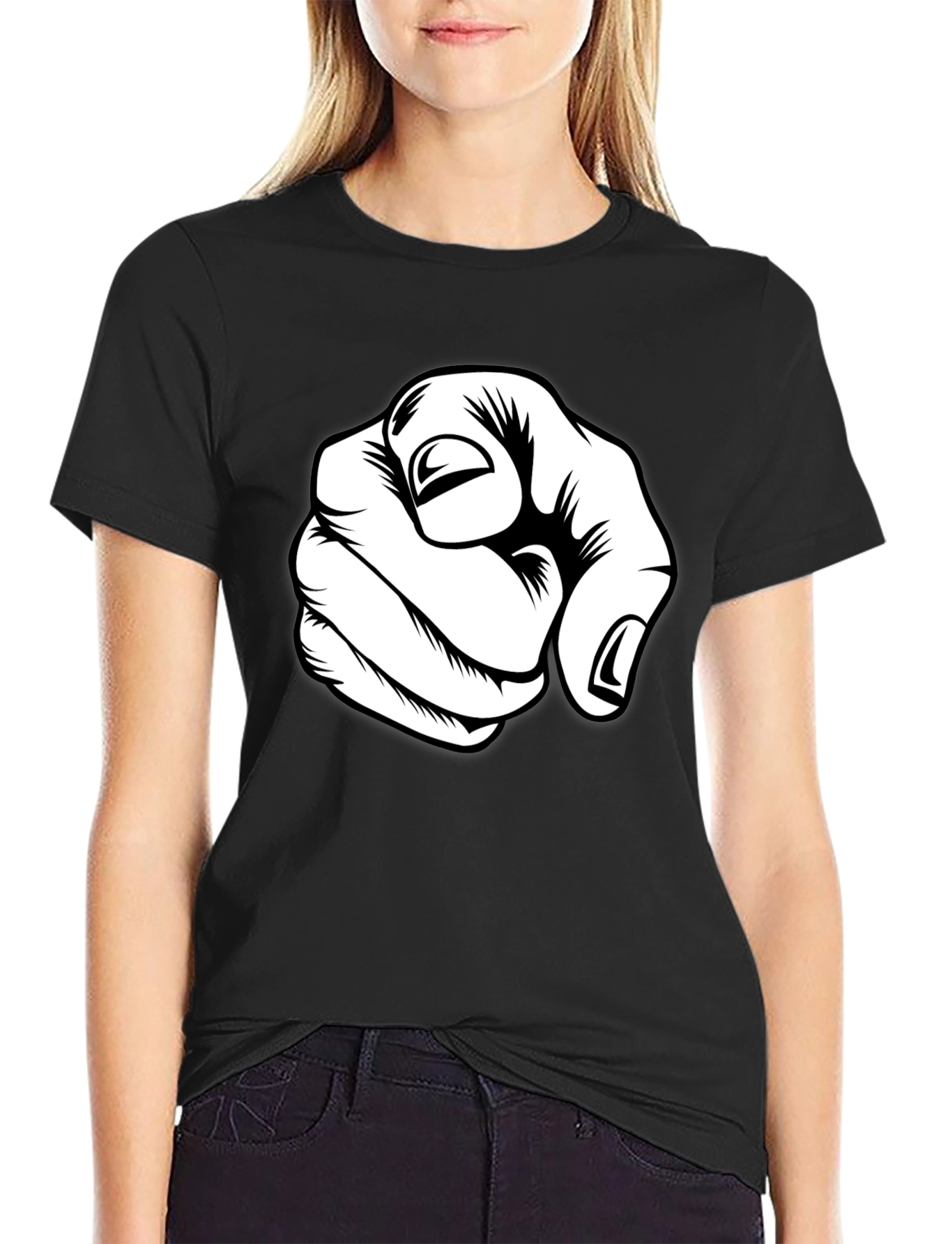 Black Pointing Finger Graphic Tee - Black Cotton Blend view 2