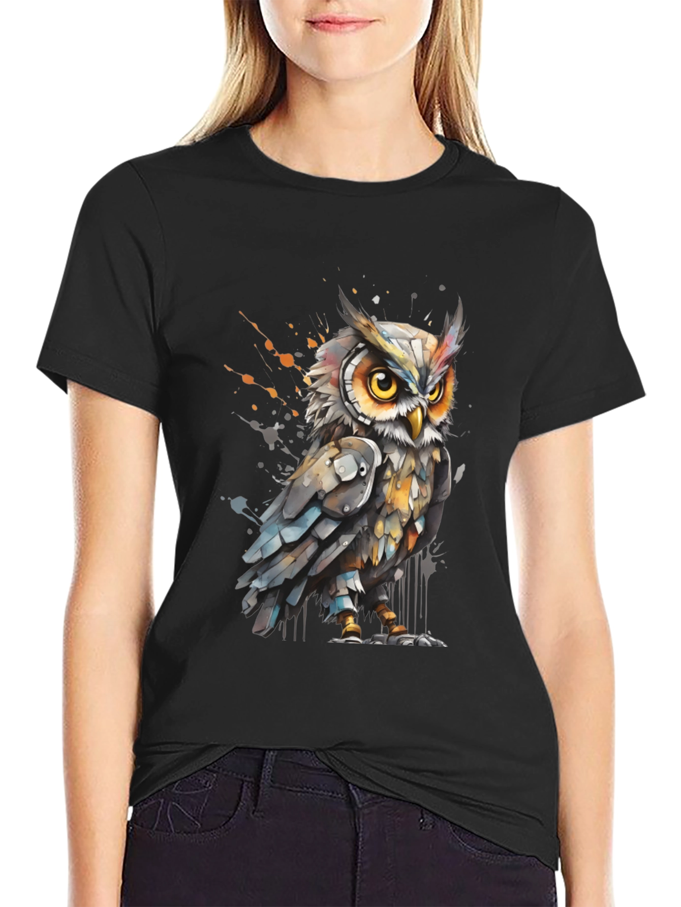 Black Artistic Owl Graphic Tee - Cool Bird T-Shirt view 2