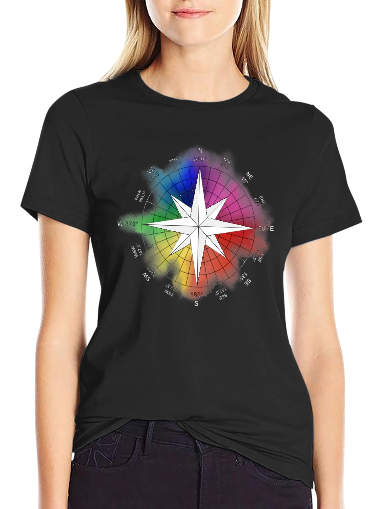 Black Rainbow Compass Star Graphic T-Shirt - Stylish Black Tee view 2