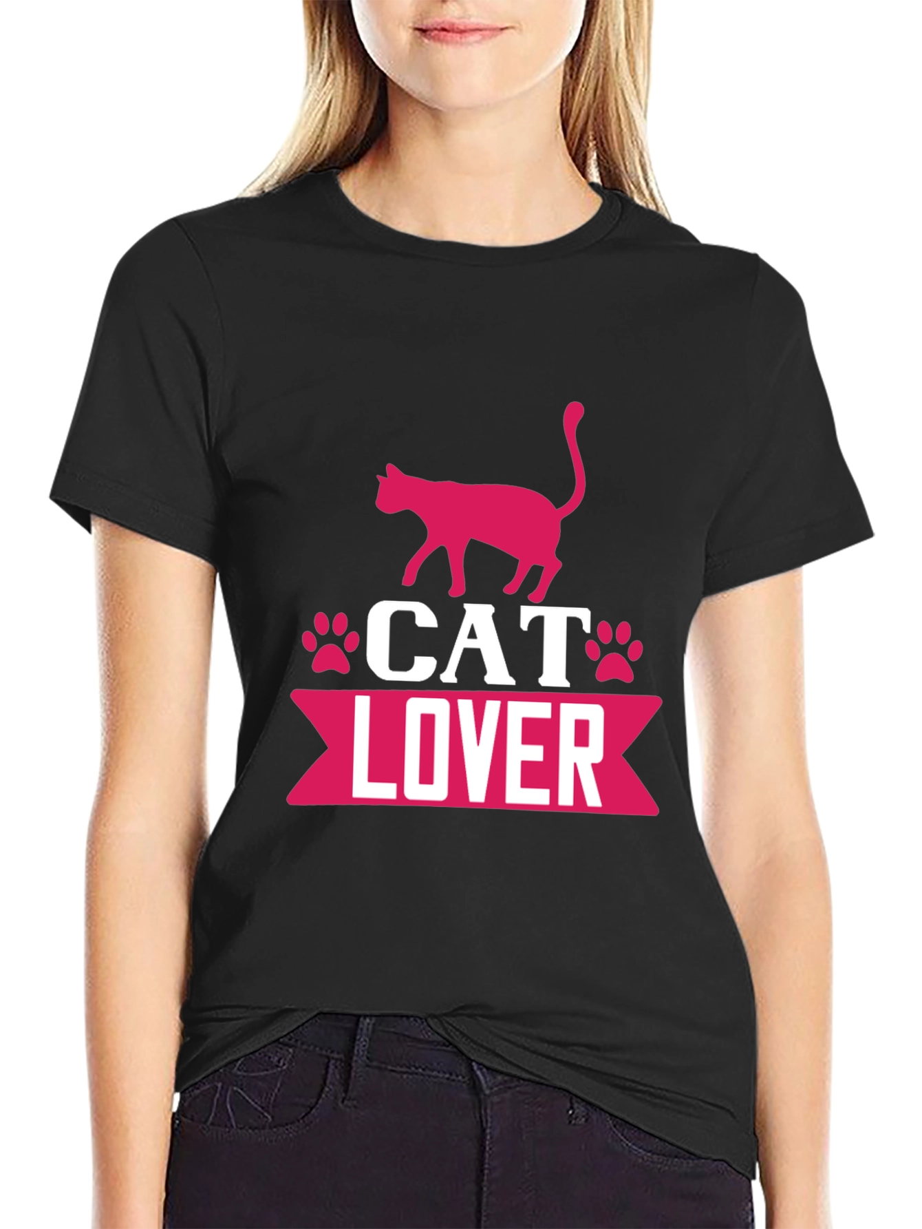 Black Cat Lover Graphic T-Shirt - Cute Pink Design view 2