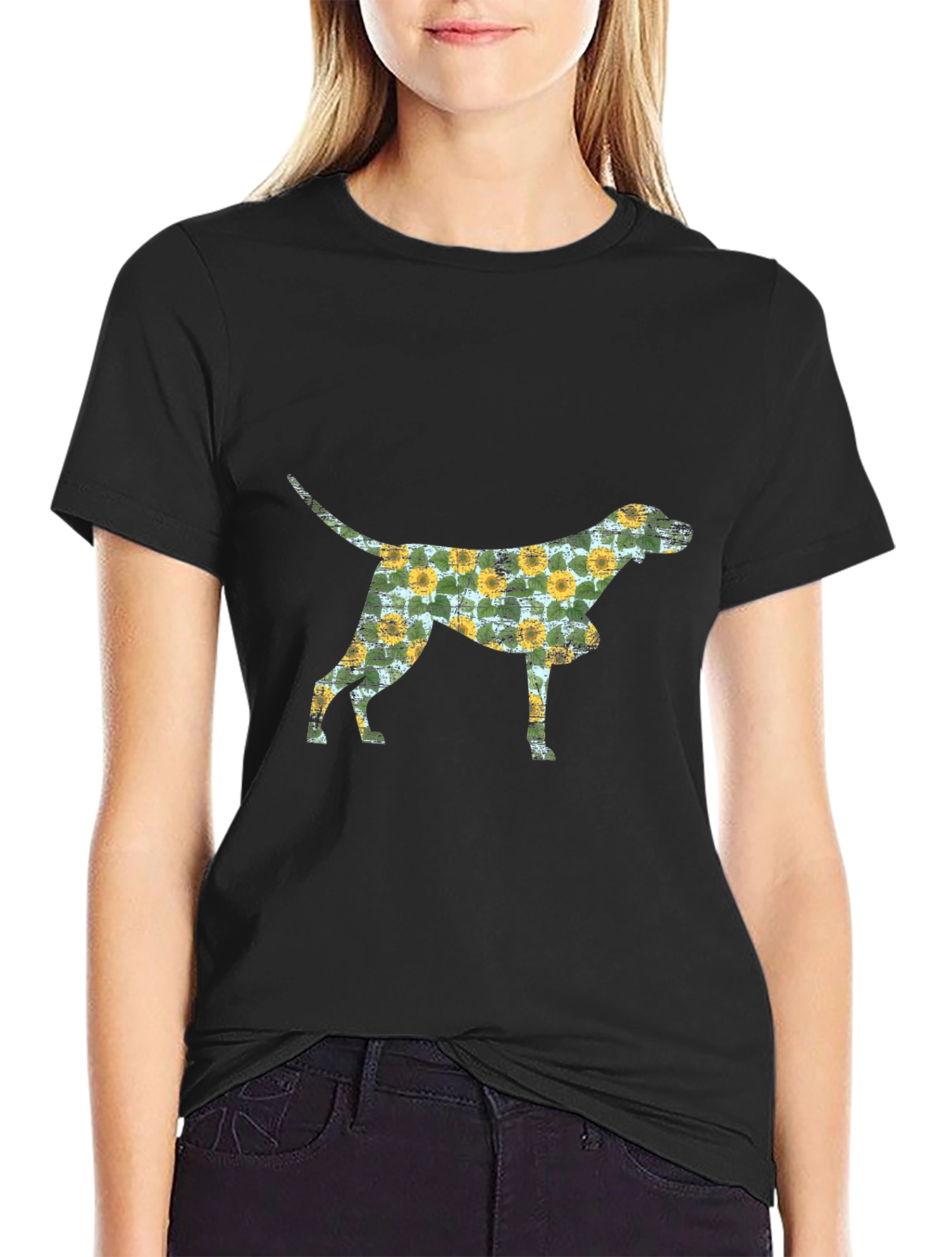 Black Floral Dog Silhouette Black T-Shirt view 2