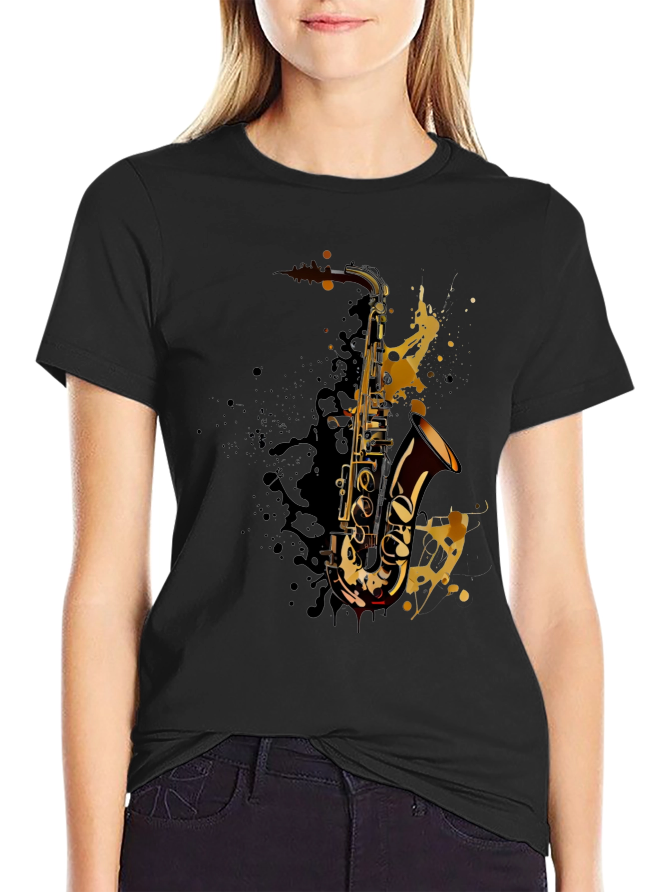 Black Saxophone Splash Graphic T-Shirt - Music Lover Tee view 2