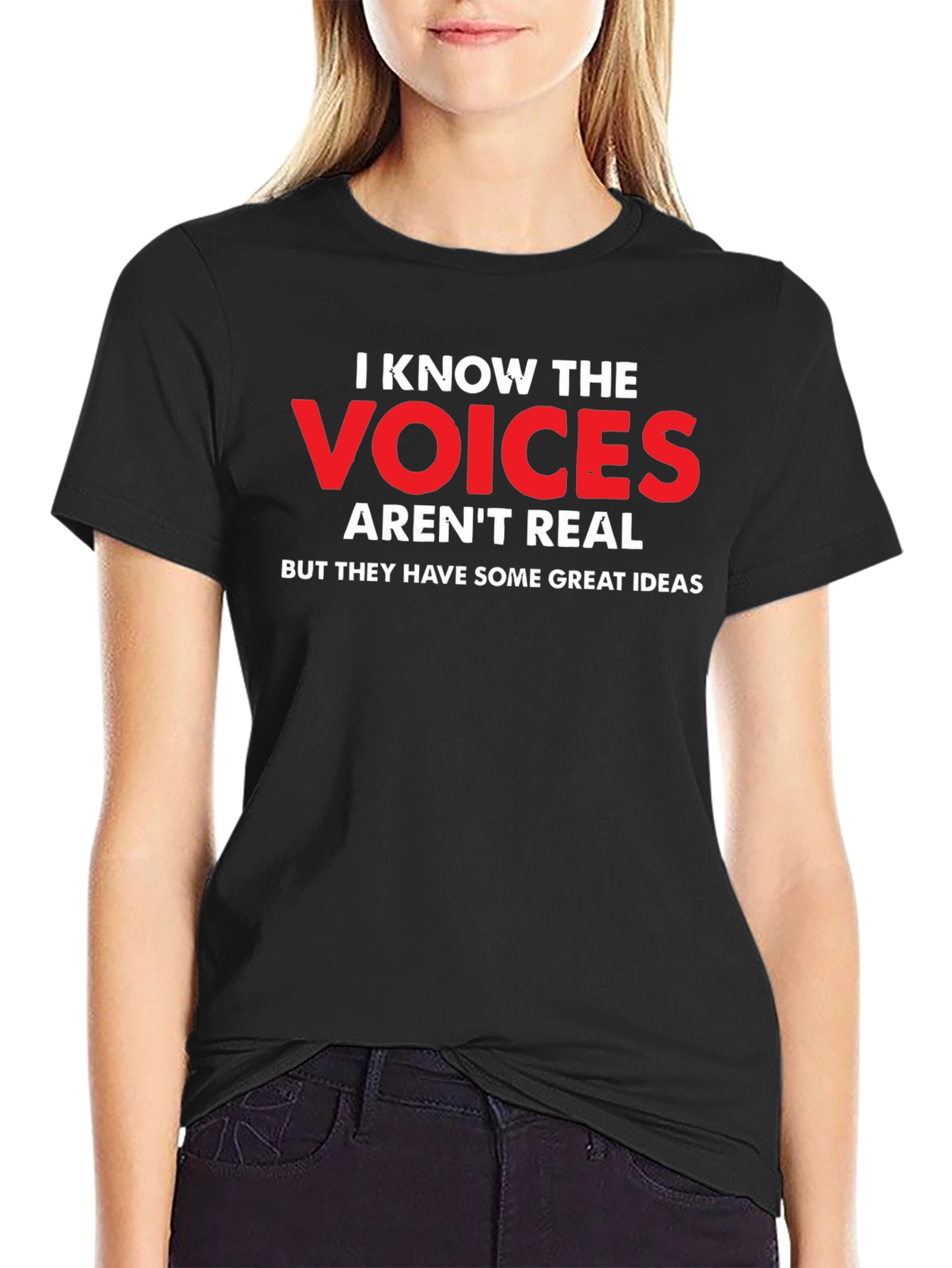 Black Funny "Voices Aren't Real" Graphic T-Shirt view 2