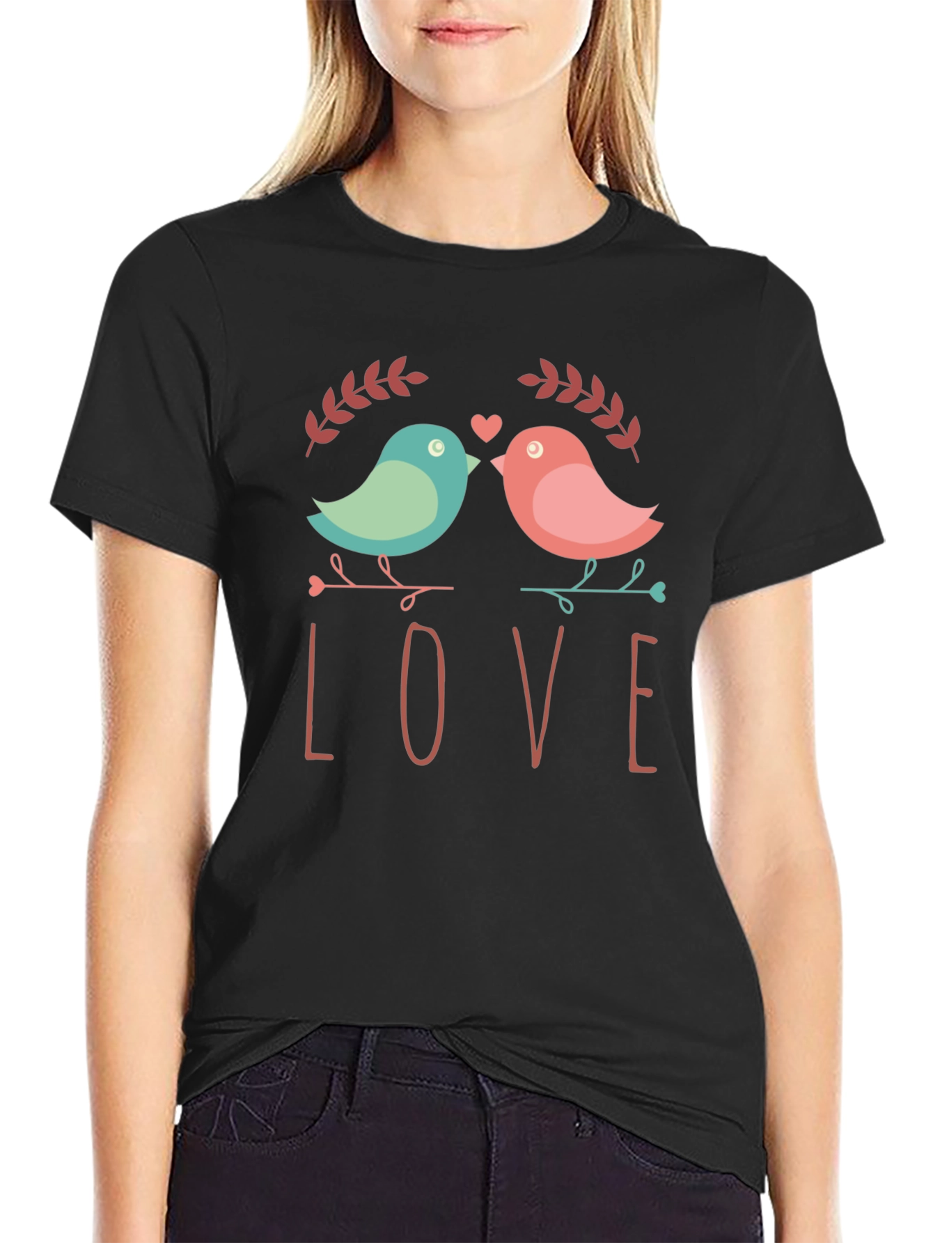 Black Love Birds Graphic Print T-Shirt view 2