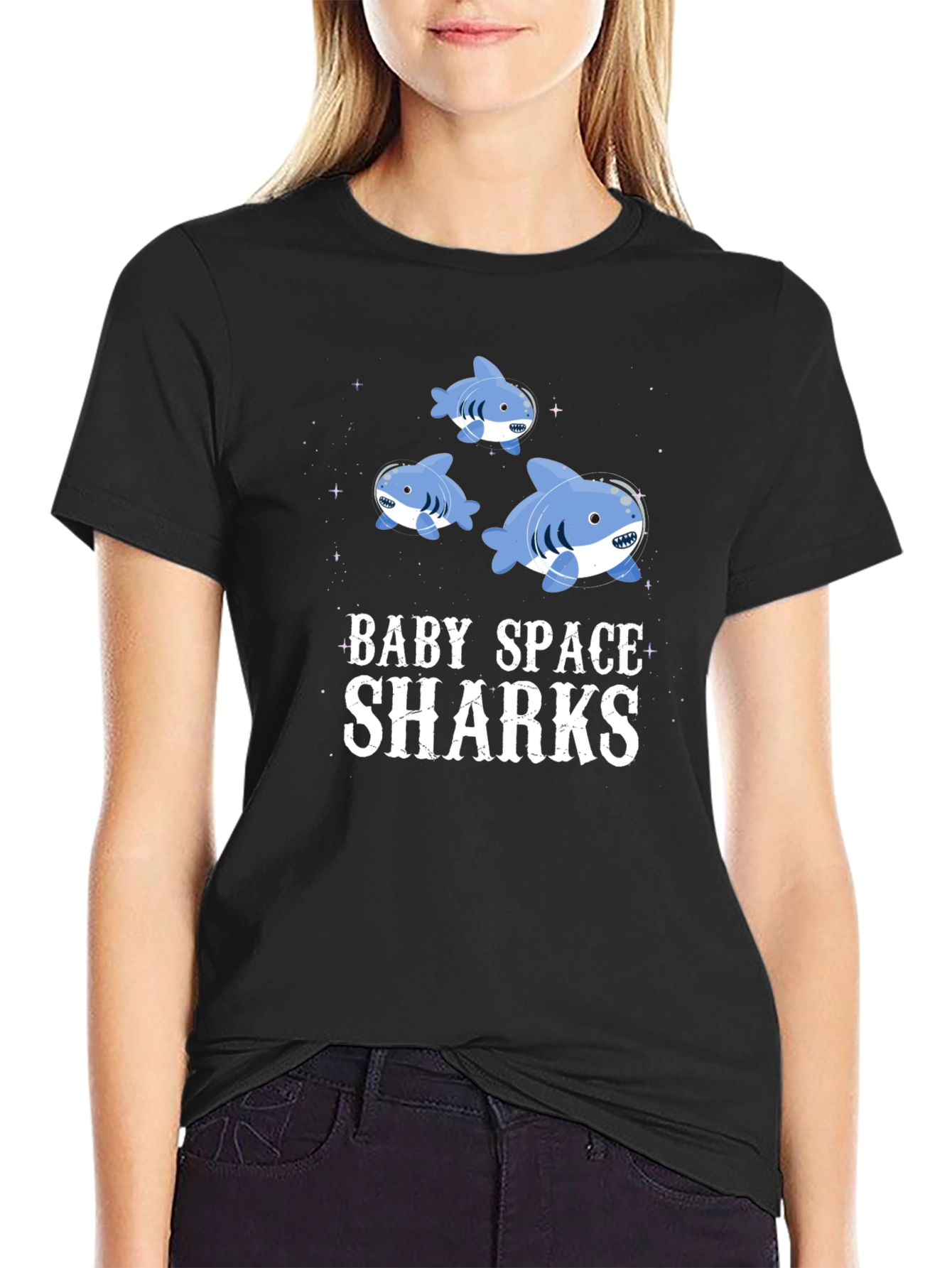 Black Baby Space Sharks Graphic T-Shirt view 2