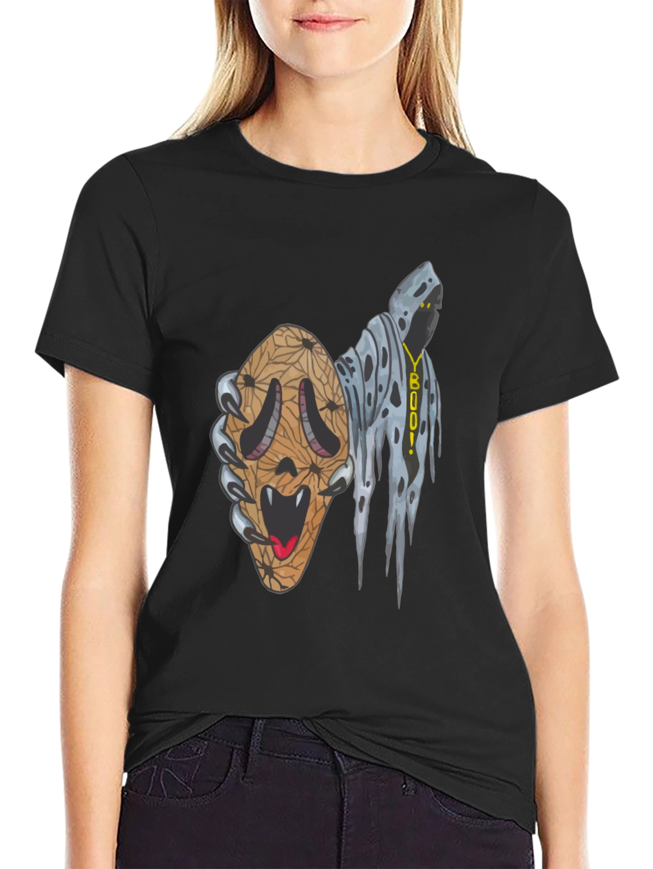 Black Spooky Season Graphic Tee -  Ghost & Scream Mashup! view 2