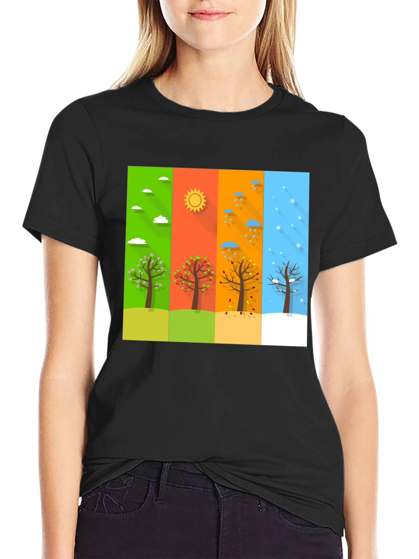 Black Seasons Tree Graphic Tee - Black Cotton T-Shirt view 2