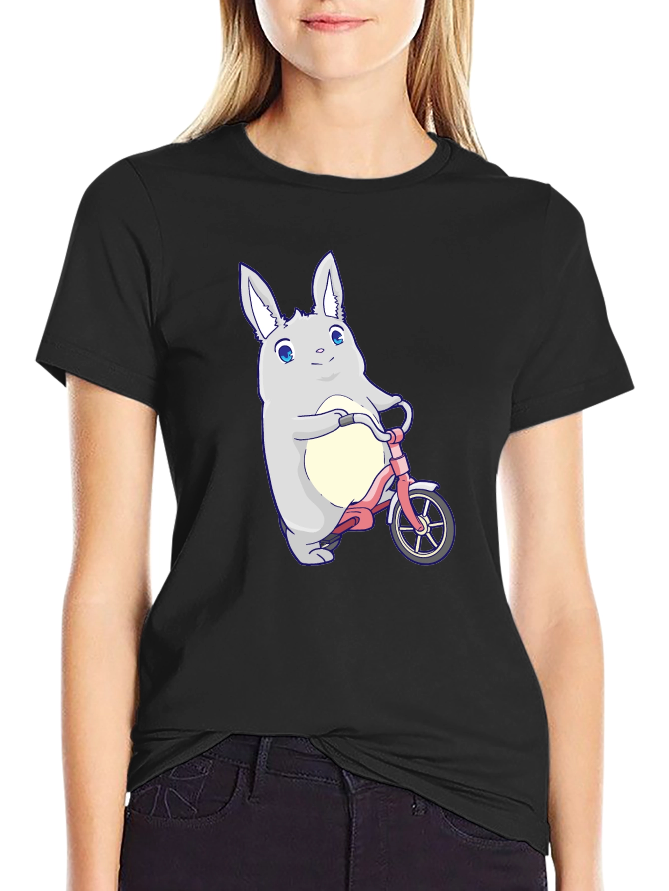 Black Cute Bunny on Bike Graphic T-Shirt view 2