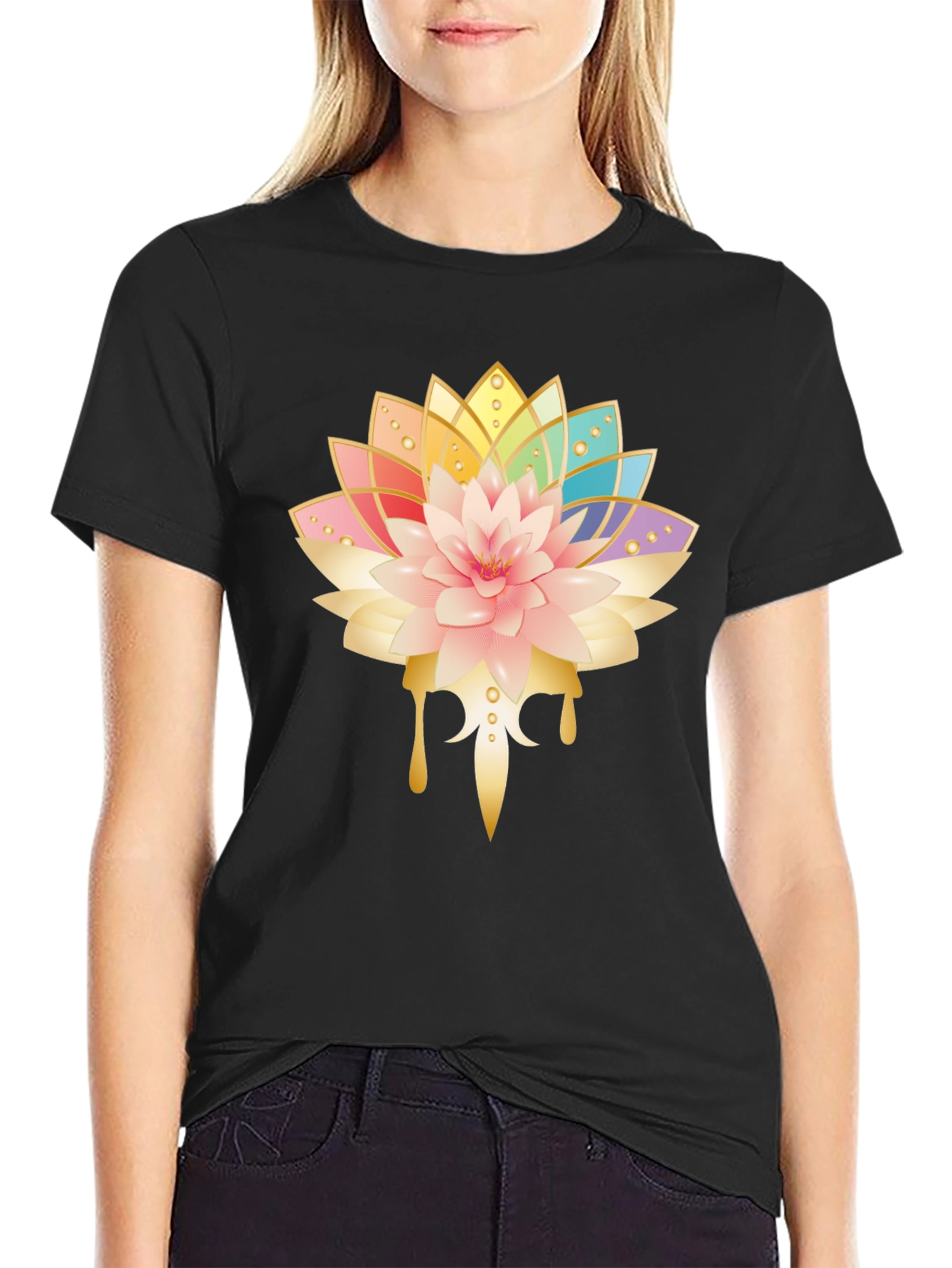 Black Lotus Flower Graphic Black T-Shirt view 2