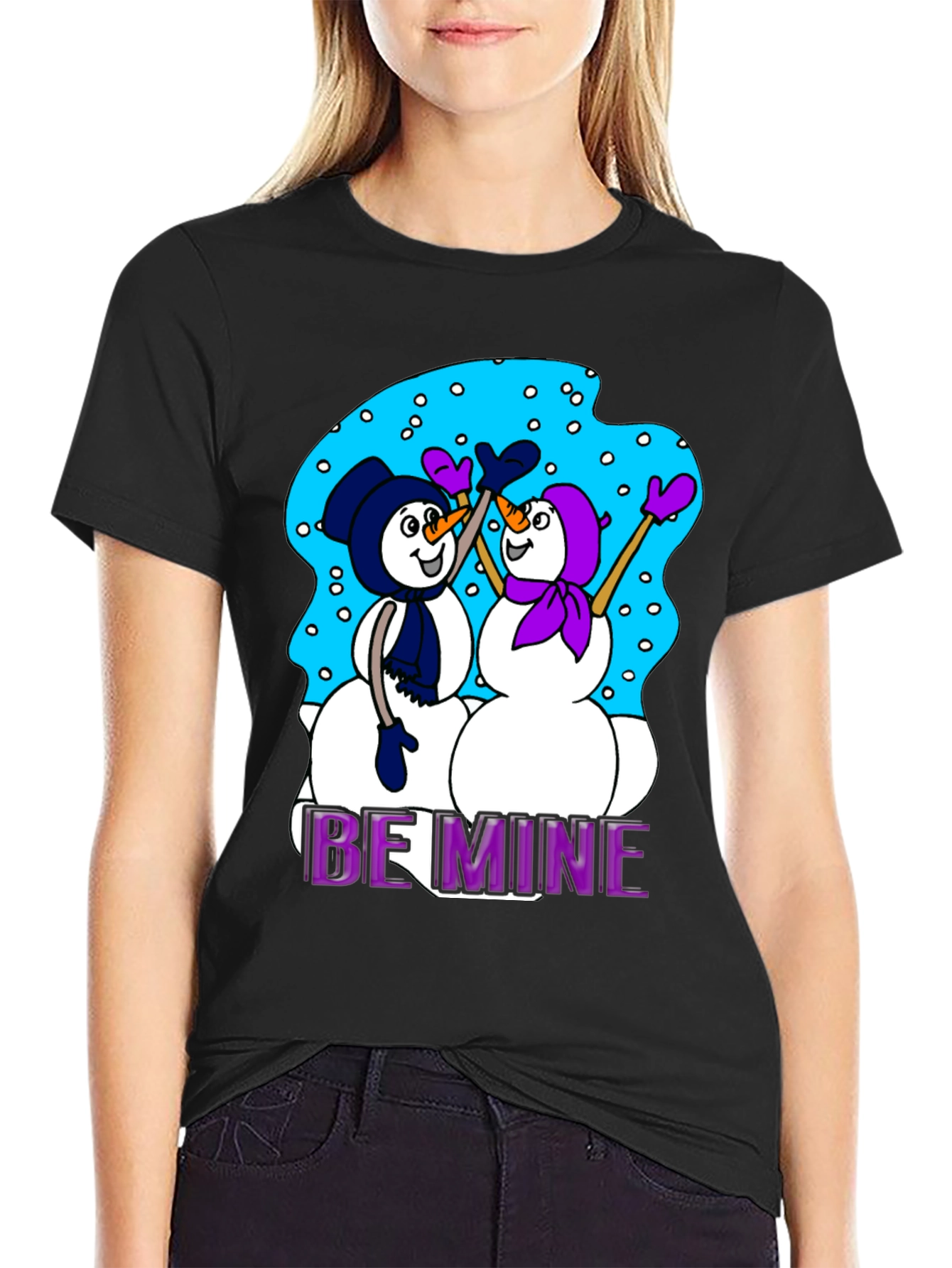 Black Snowman T-Shirt: "Be Mine" Valentine's Day Black Tee view 2