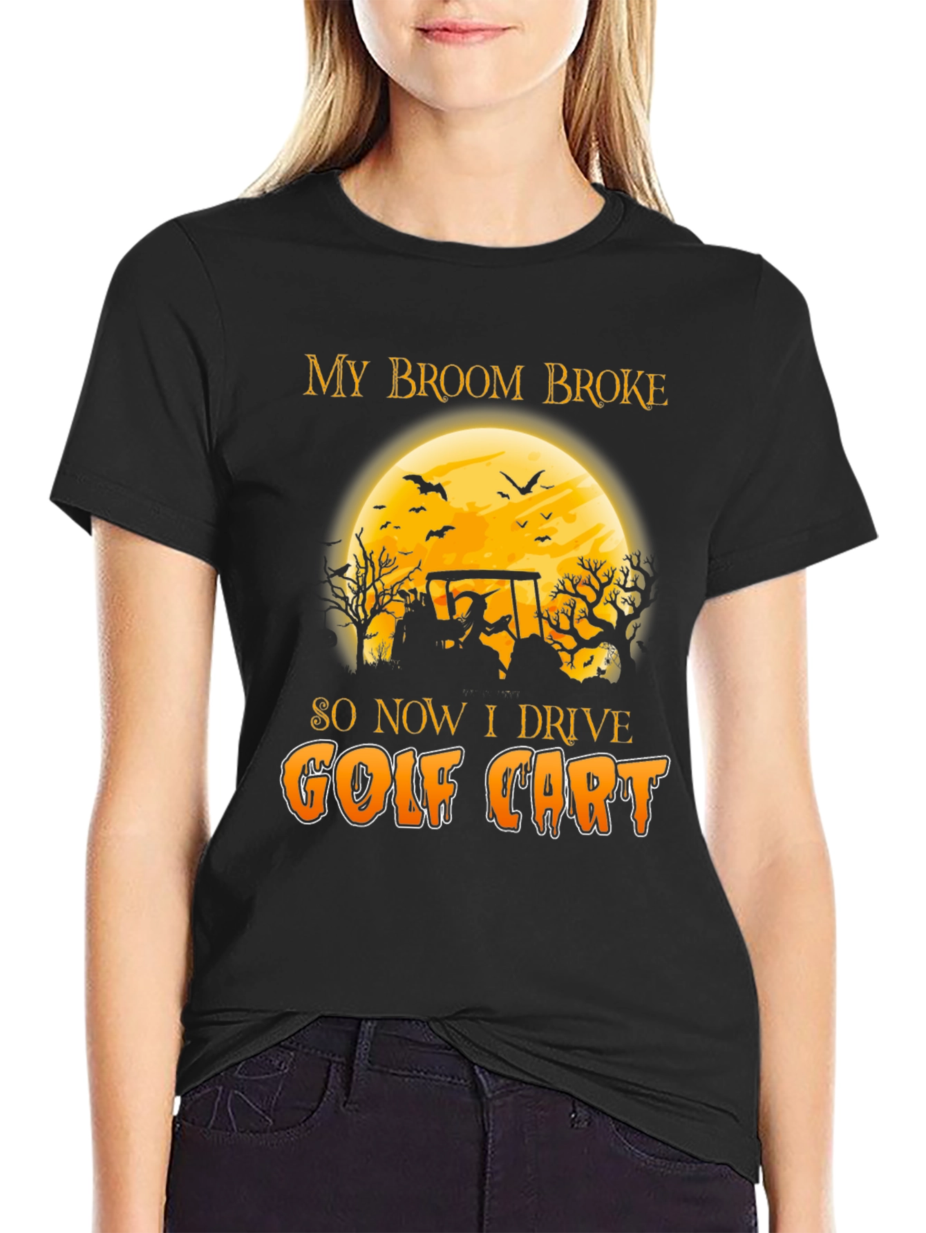 Black Halloween Witch Golf Cart T-Shirt - Funny Fall Tee view 2
