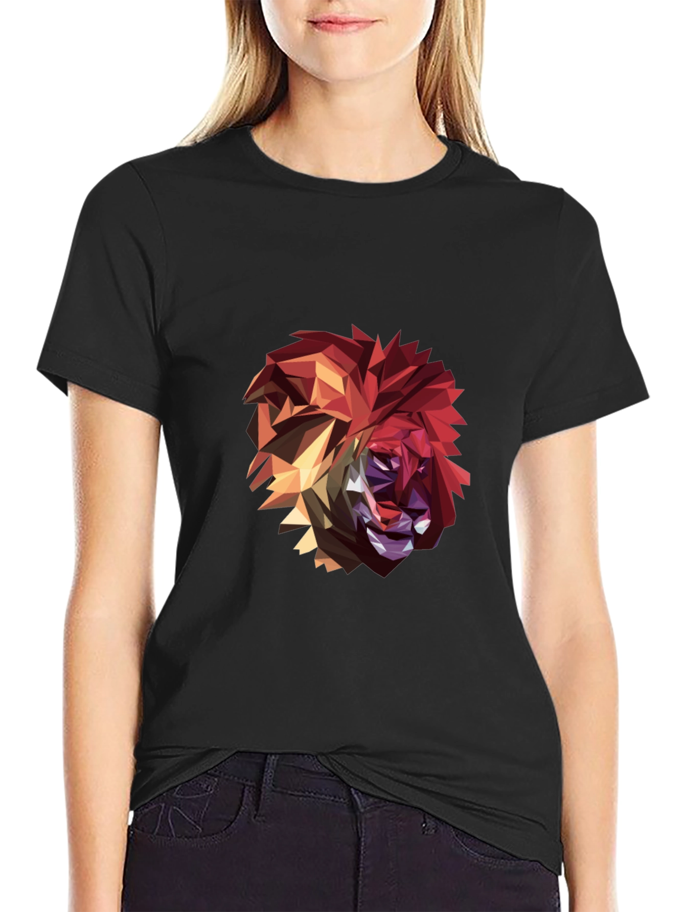 Black Geometric Lion Graphic Black T-Shirt view 2