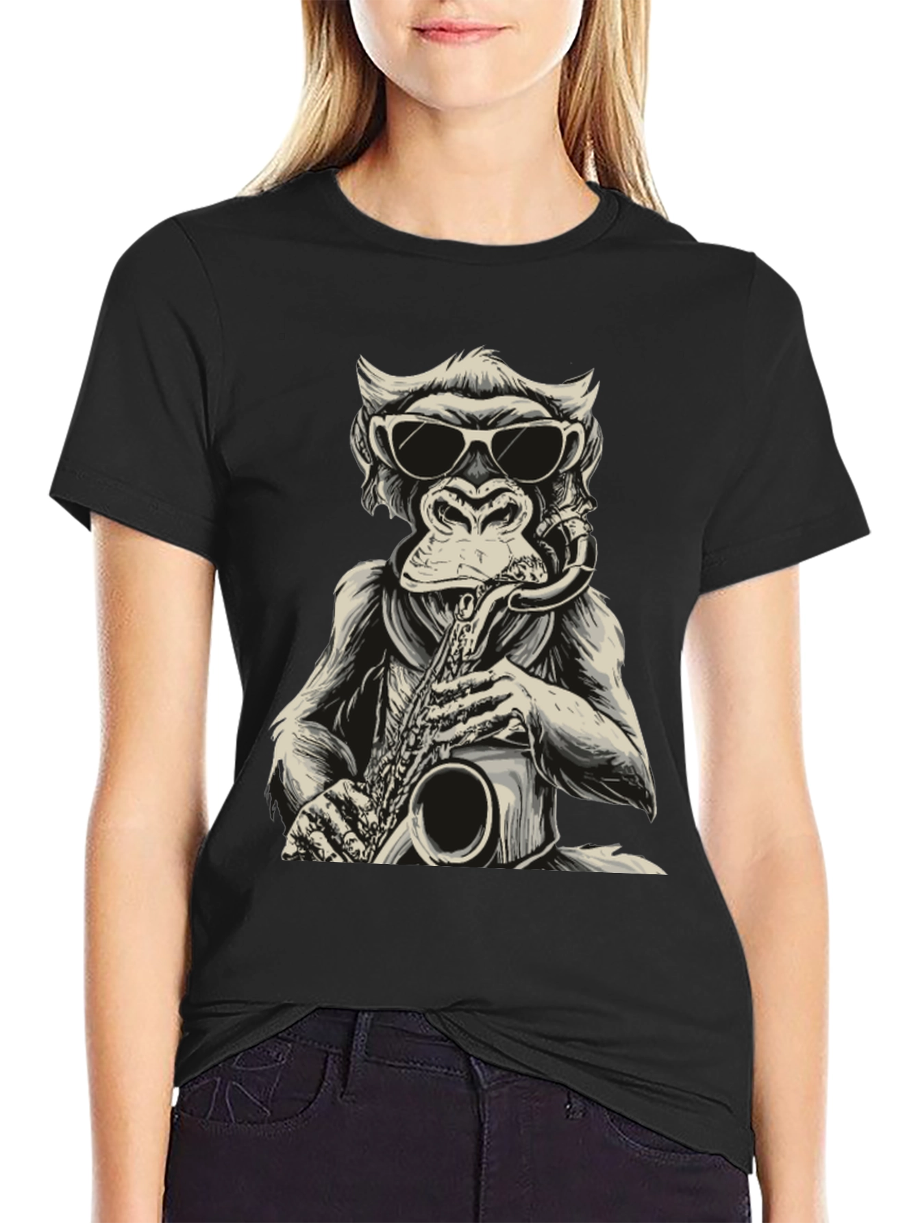 Black Cool Monkey Saxophone Player Graphic T-Shirt view 2