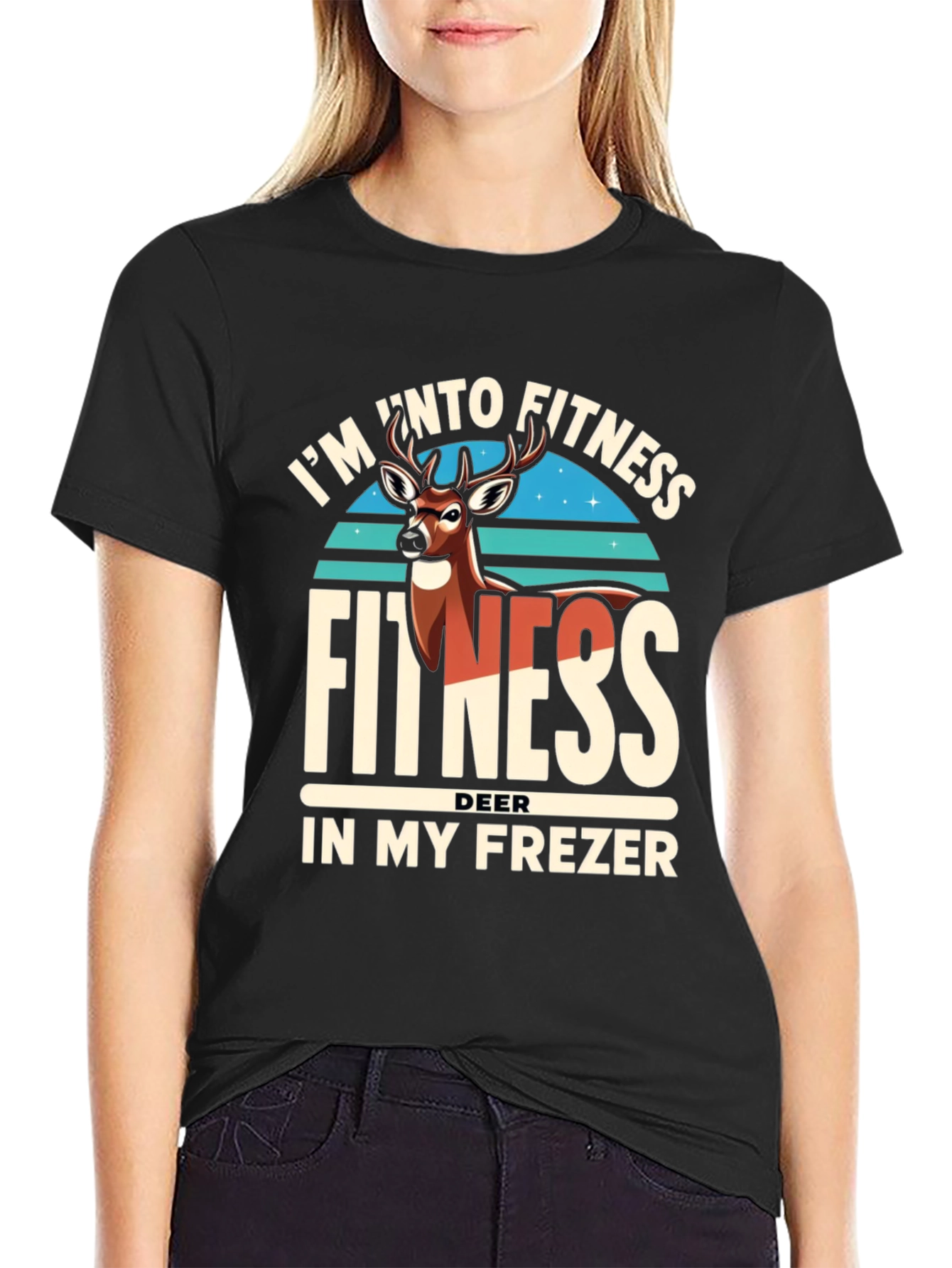Black Fitness Deer in Freezer Funny T-Shirt view 2