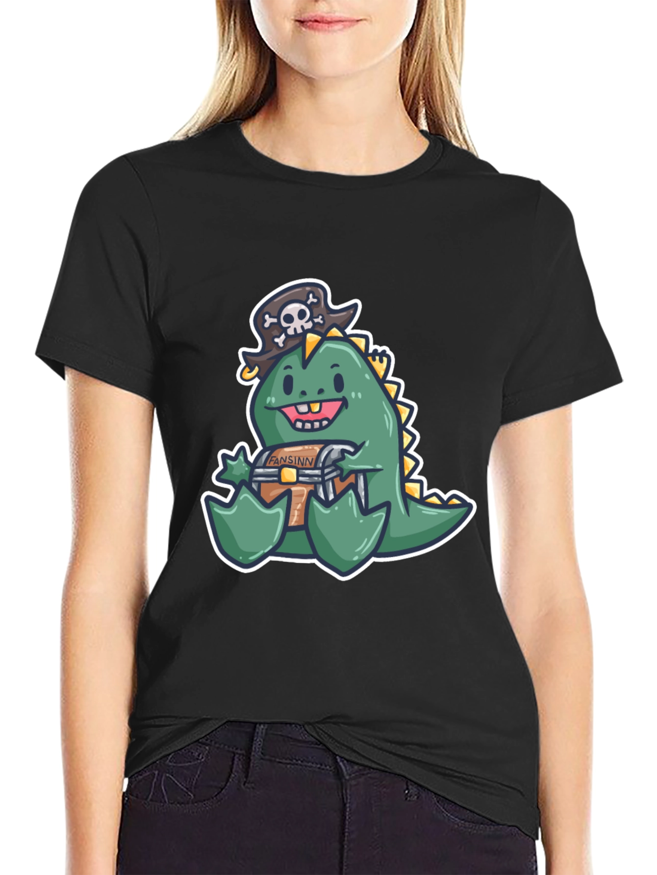 Black Dino Pirate Treasure Chest T-Shirt view 2