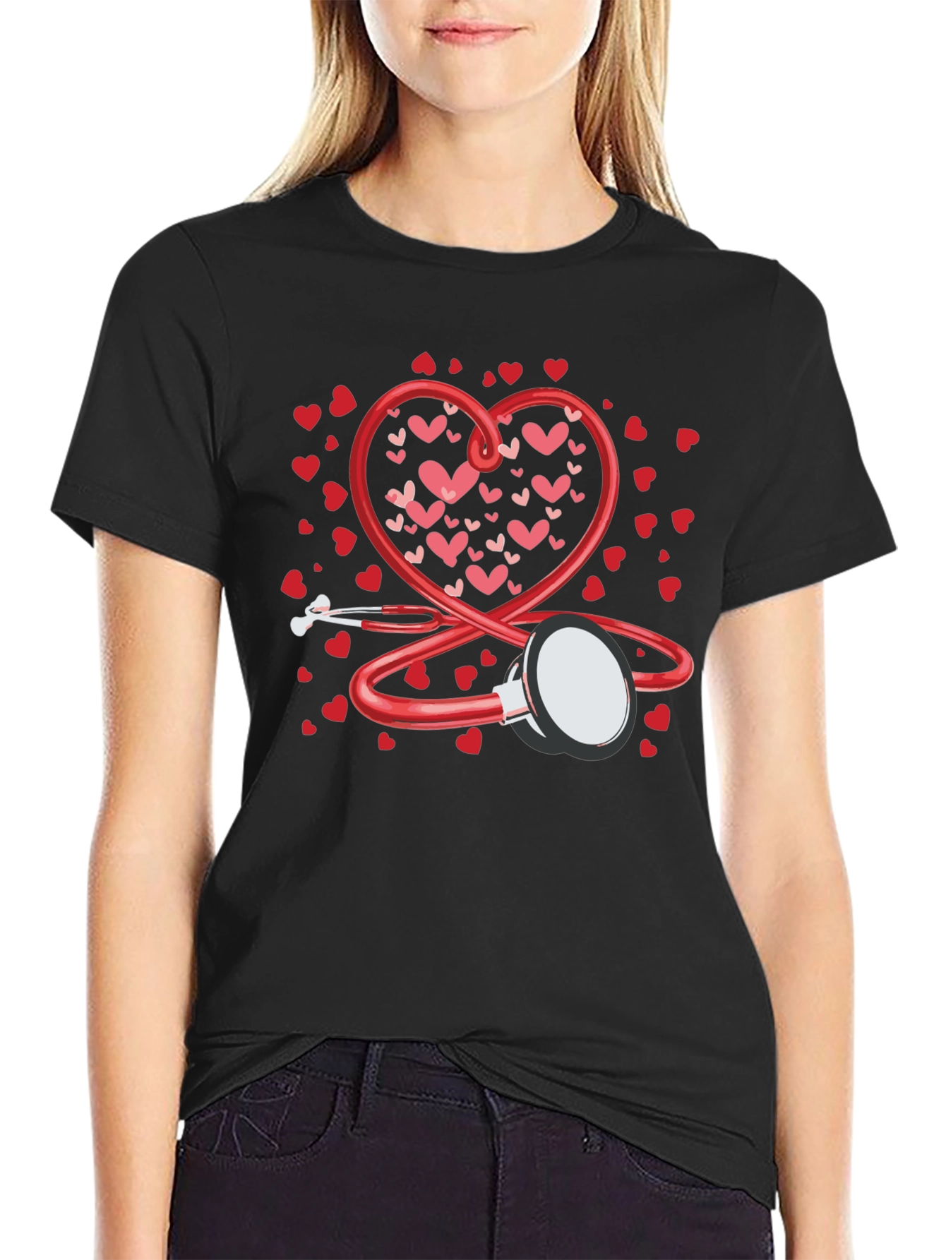 Black Heart Stethoscope Valentine's Day Black T-Shirt view 2