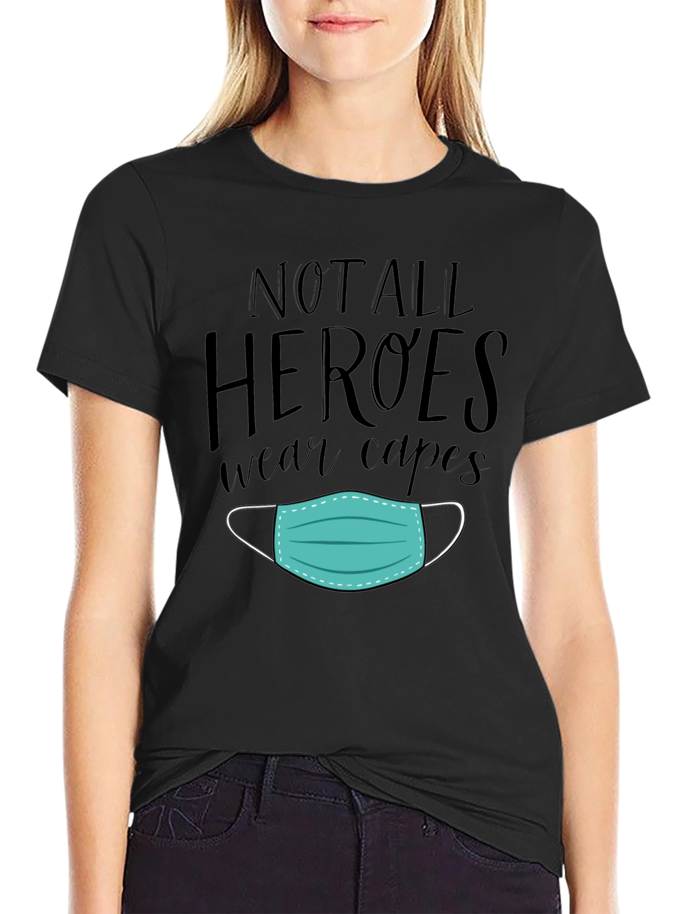 Black Not All Heroes Wear Capes Mask Graphic Tee view 2