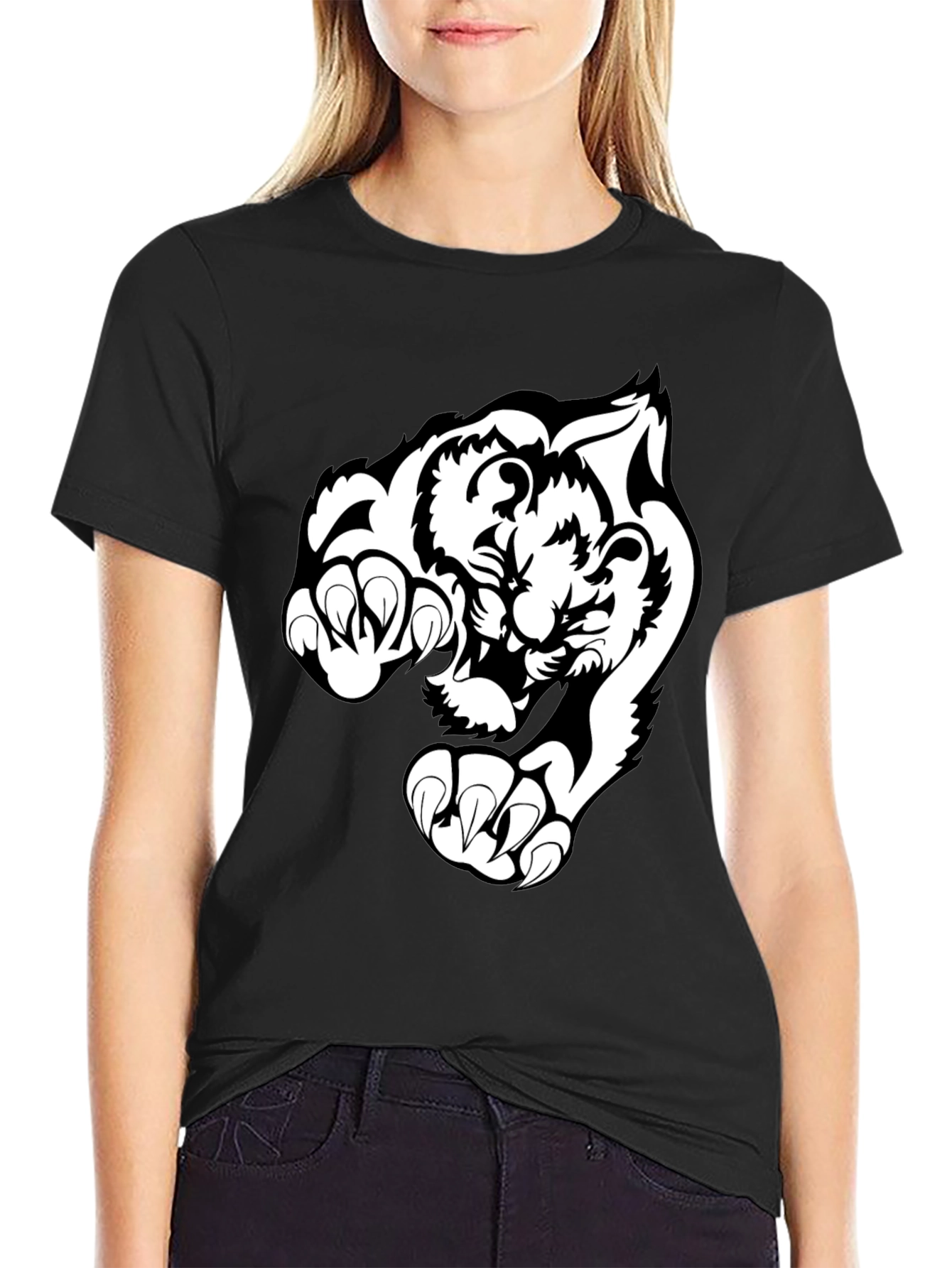 Black Black T-Shirt with White Tiger Graphic view 2