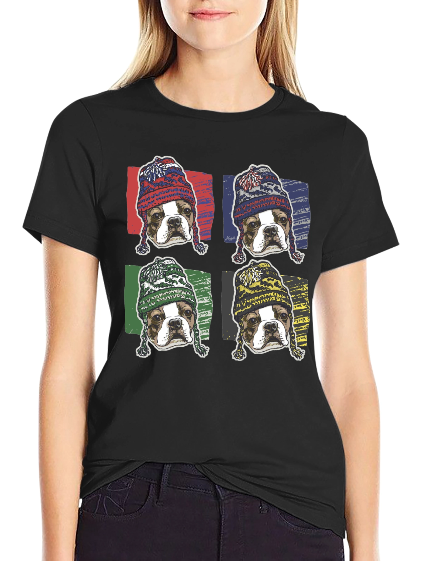 Black Dog in Hats Graphic Tee - Trendy Pop Art Style view 2