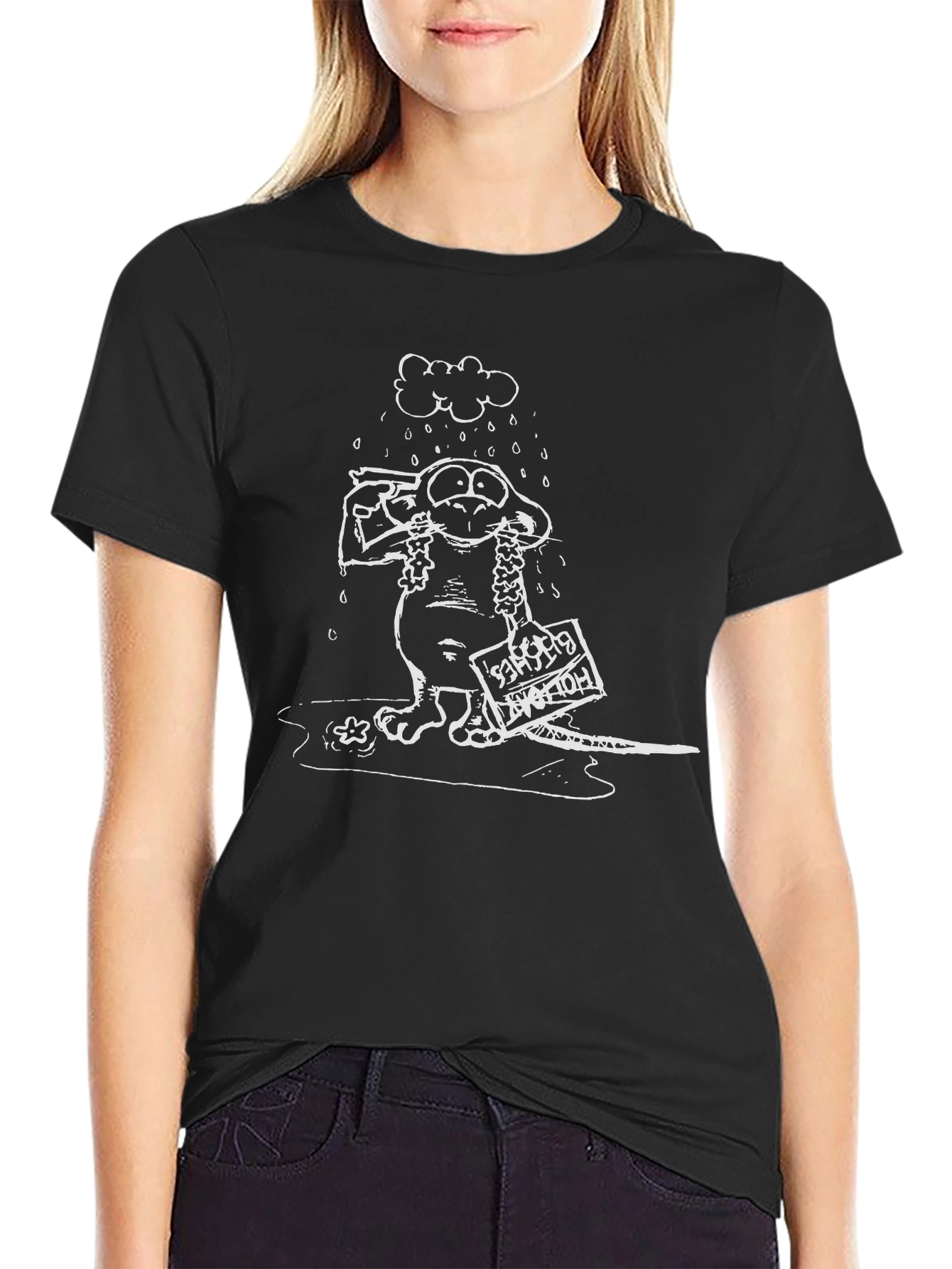 Black Humorous Cartoon Graphic Black T-Shirt view 2