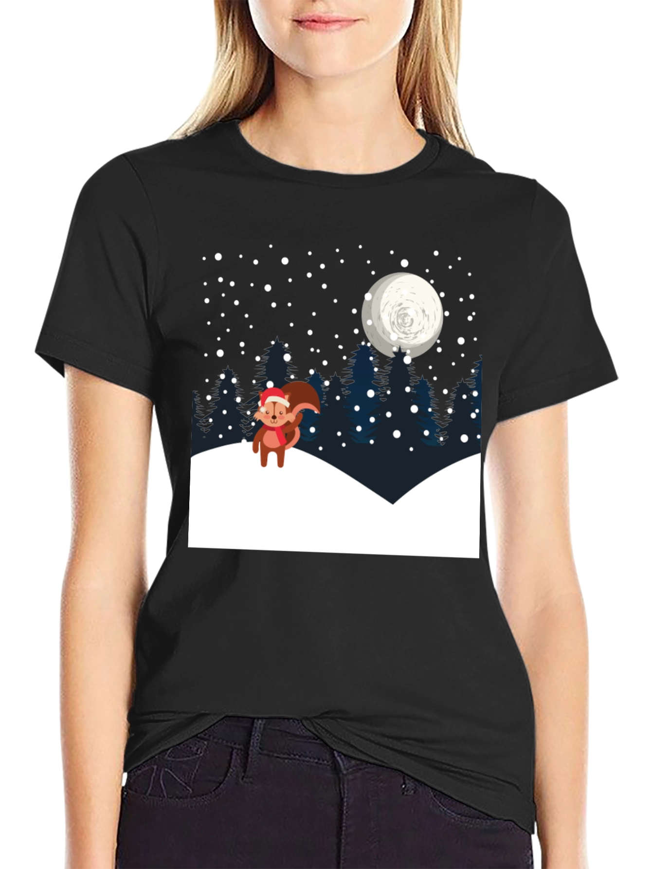 Winter Squirrel T-Shirt: Holiday Night Scene Graphic Tee - 2
